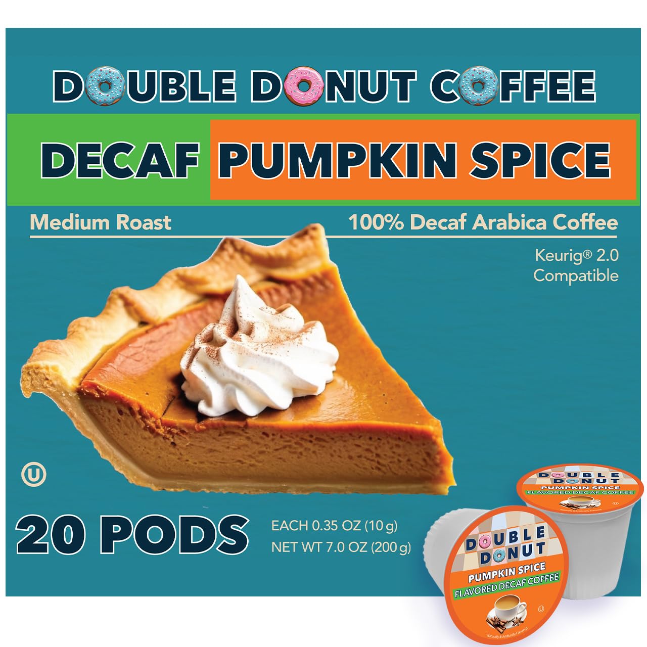 Double Donut Coffee Medium Roast Decaf Coffee Pods, Pumpkin Spice Flavored, for Keurig K-Cup Machines, 20 Single-Serve Capsules per Box