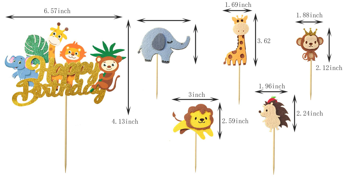 6Pcs Jungle Animal Happy Birthday Cake Toppers Elephant Giraffe Hedgehog Lion Monkey Cake Decorations Animals Party Baby Showers Birthday Party