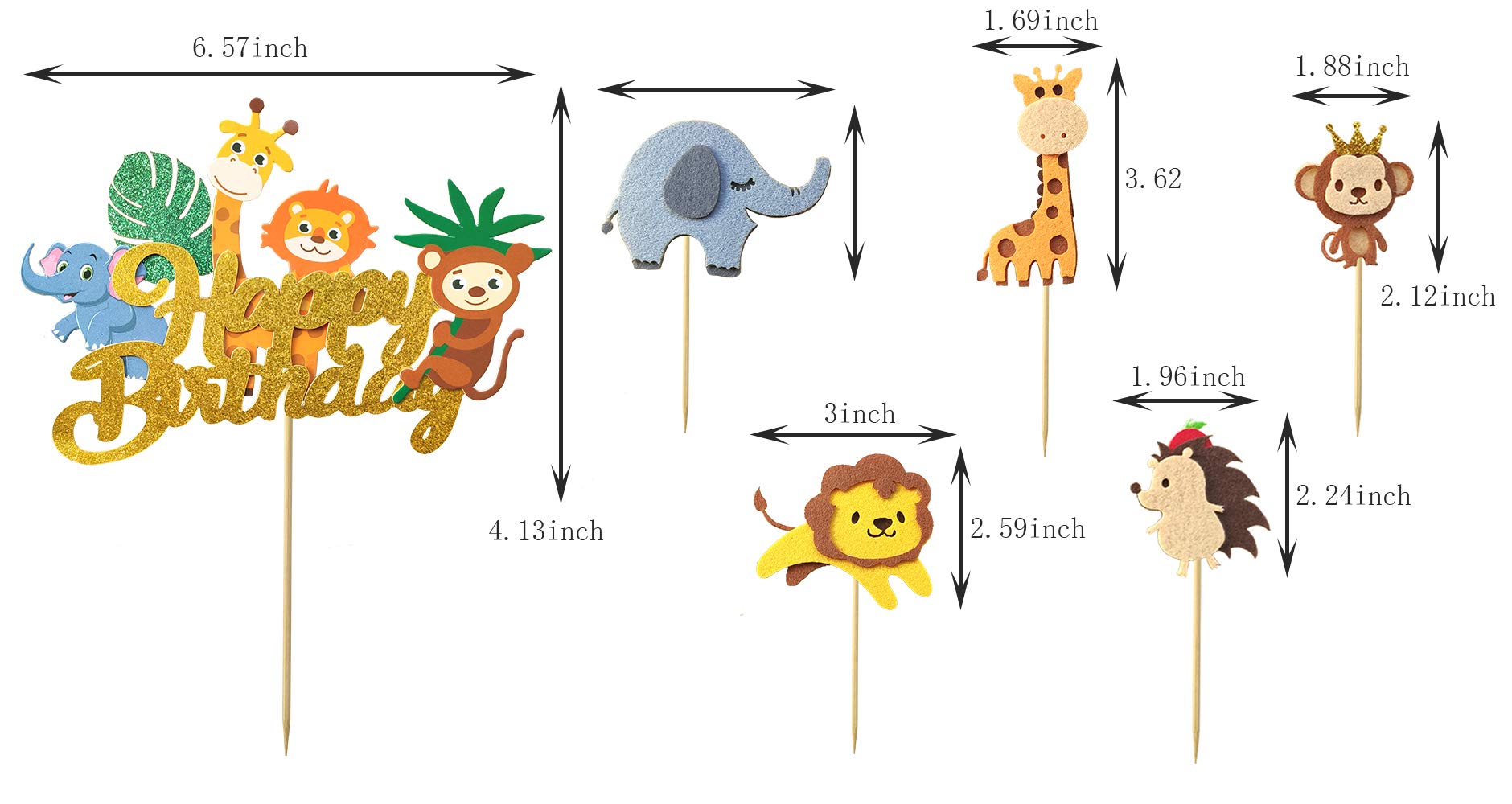 6Pcs Jungle Animal Happy Birthday Cake Toppers Elephant Giraffe Hedgehog Lion Monkey Cake Decorations Animals Party Baby Showers Birthday Party