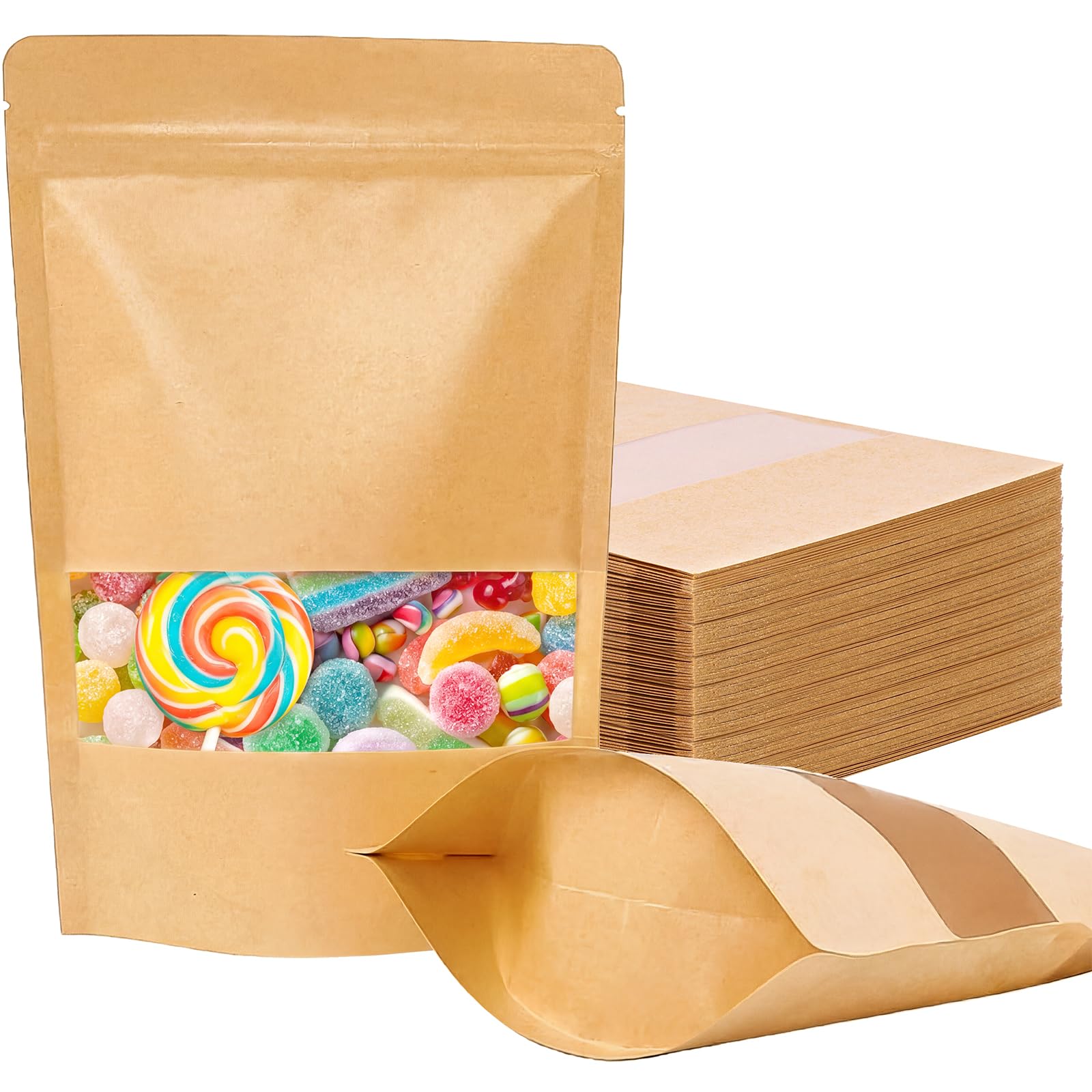 Moretoes 72pcs 5.9x8.6 Inches Kraft Paper Resealable Bags for Small Business, Stand Up Pouches, Food Packaging Bags with Window, Ziplock Coffee