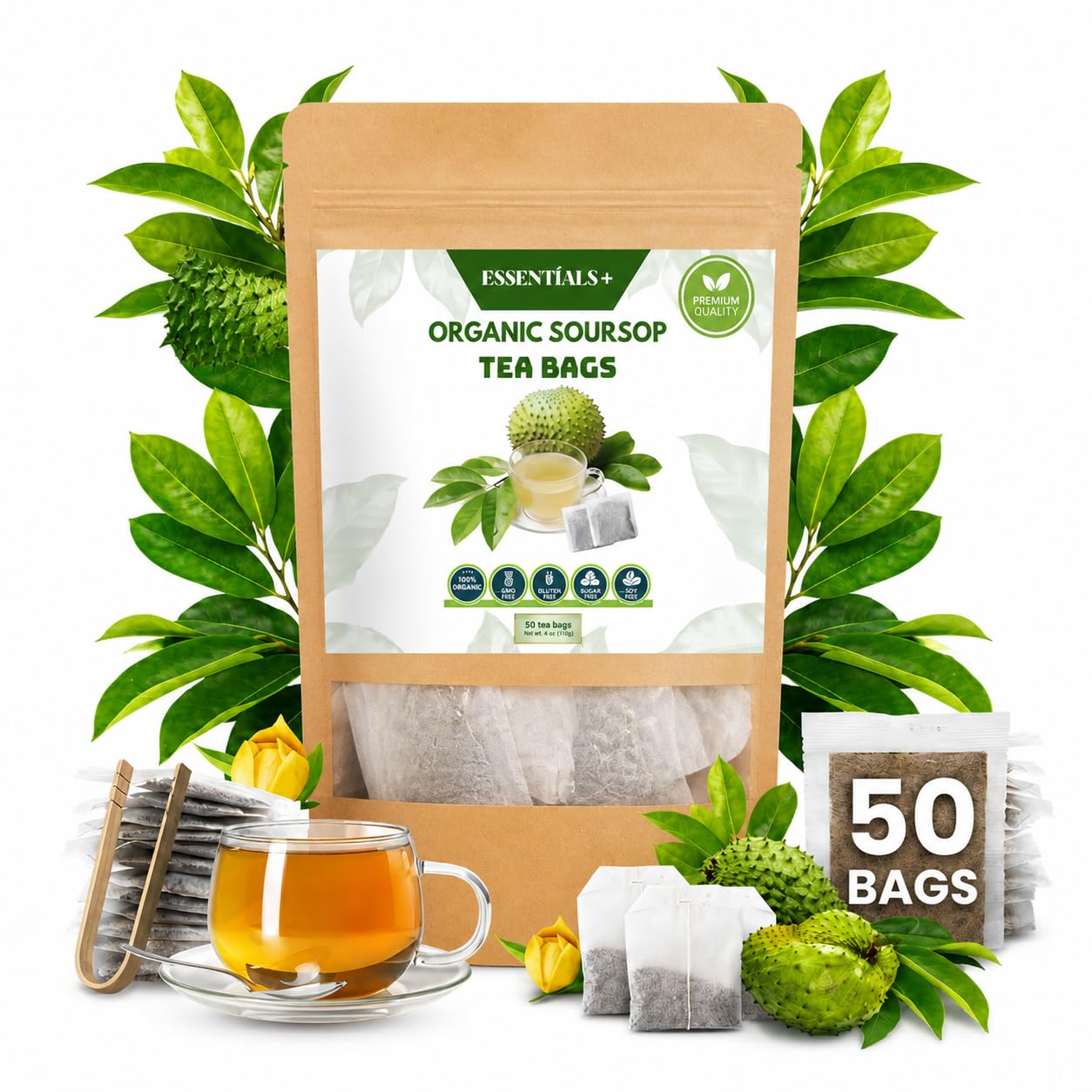 Premium Soursop Leaf Tea Bags 50 Count (4oz) | Graviola Herbal Tea Caffeine Free | Natural Antioxidant Wellness Tea | Hojas de Guanabana