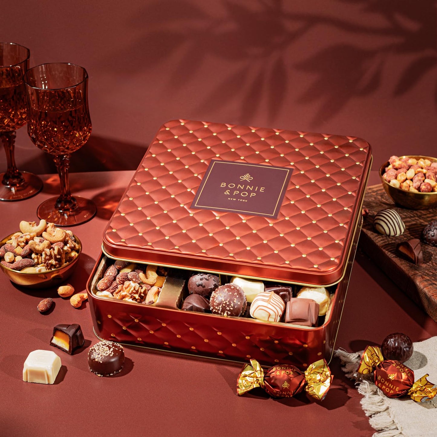 Gourmet Chocolate & Nut Gift Basket - Assorted Individually Wrapped Chocolates, Truffles, Cashews, Peanuts & Salty Nut Mix - Keepsake Gift Tin