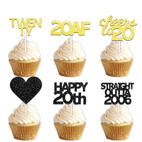 18pcs Black Gold Glitter Dessert Cupcake Pick for Straight Outta 2006 Cheer to 20 Years Old Theme Decor Supplies Happy 20th Birthday Party Decoration