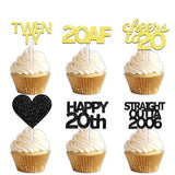 18pcs Black Gold Glitter Dessert Cupcake Pick for Straight Outta 2006 Cheer to 20 Years Old Theme Decor Supplies Happy 20th Birthday Party Decoration