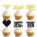 18pcs Black Gold Glitter Dessert Cupcake Pick for Straight Outta 2006 Cheer to 20 Years Old Theme Decor Supplies Happy 20th Birthday Party Decoration
