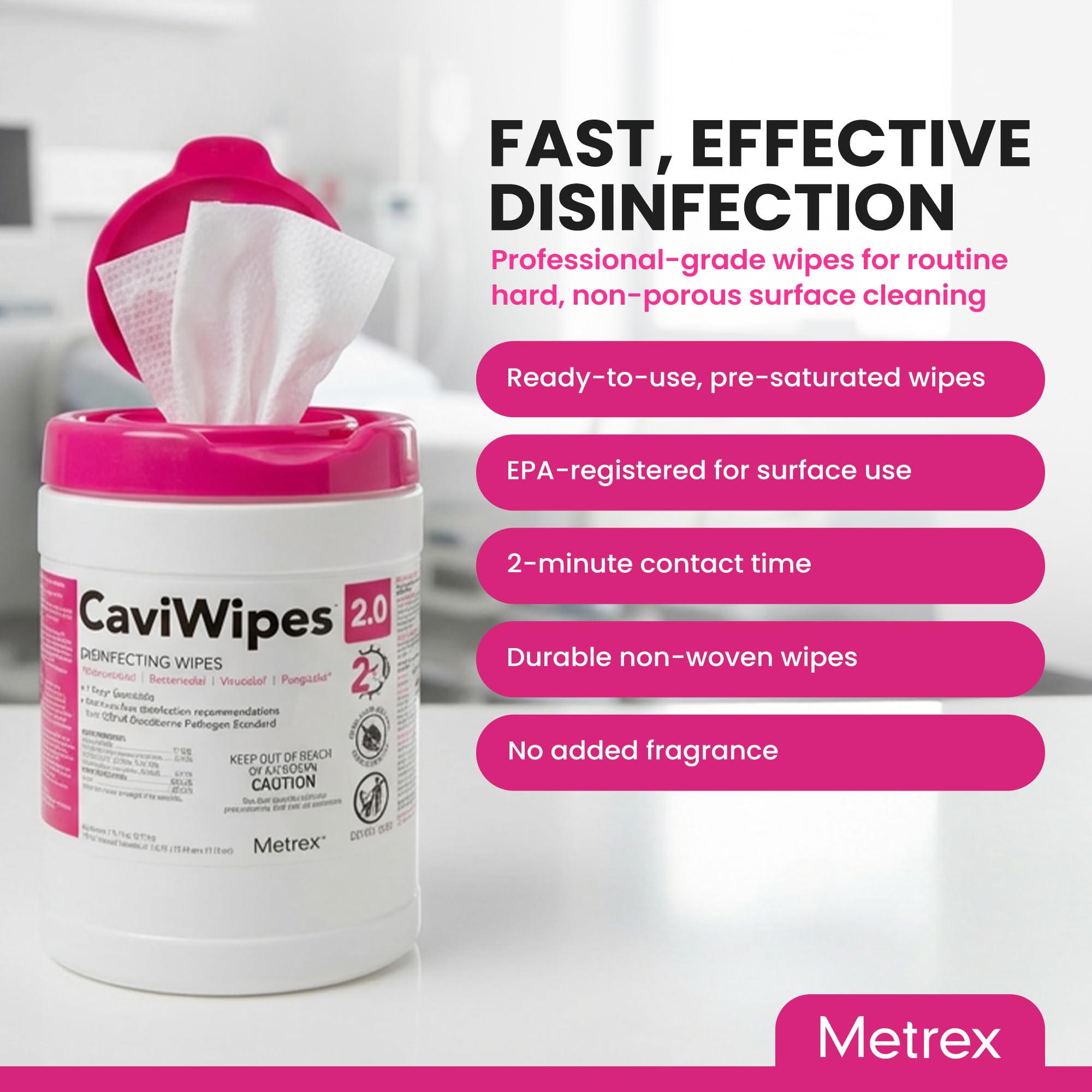 Metrex - CaviWipes 2.0 Disinfecting Wipes for Healthcare, Dental & Clinical Use - Manual Pull, Pre-Moistened, Non-Sterile, Disposable 6" x 6.75" - 160