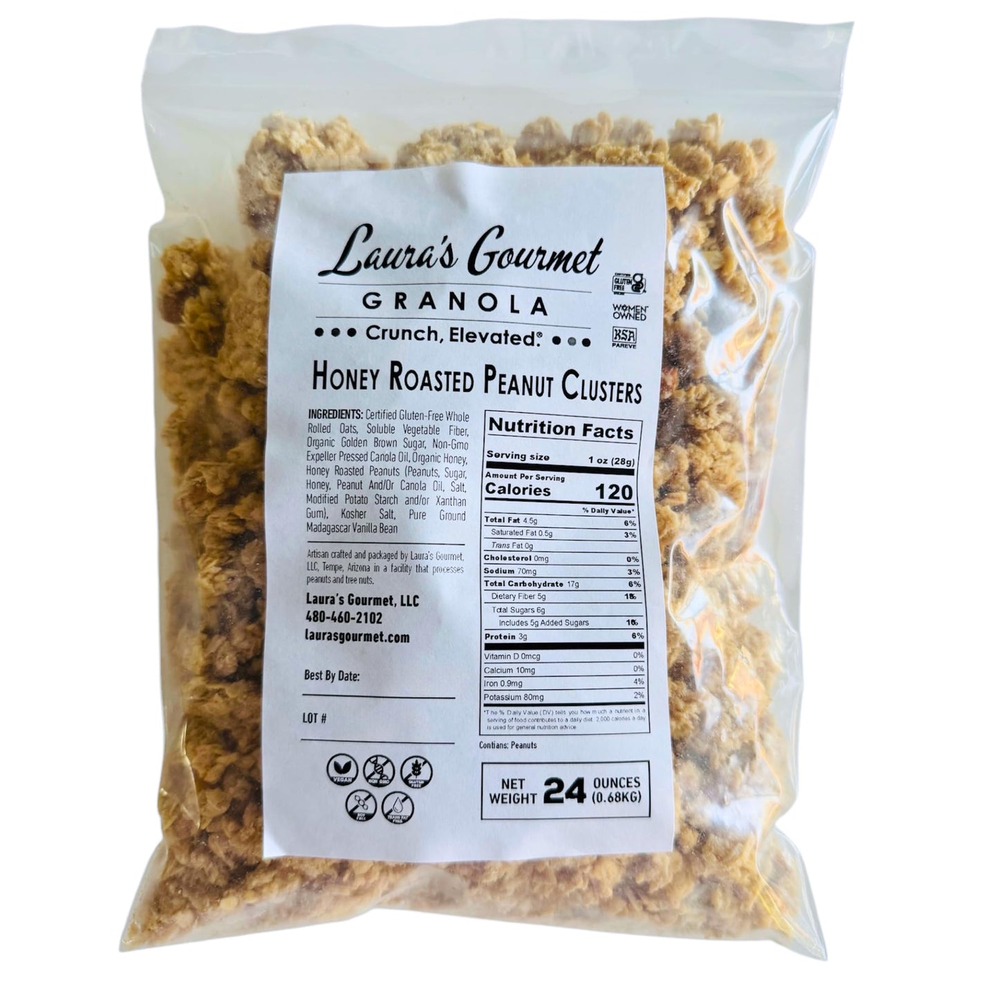 Laura’s Gourmet Granola Clusters, Honey Roasted Peanut, 24 oz Bag - Organic, Vegan, Non-GMO, Gluten-Free, Sweet & Salty Snack, Whole Oats On-the-Go