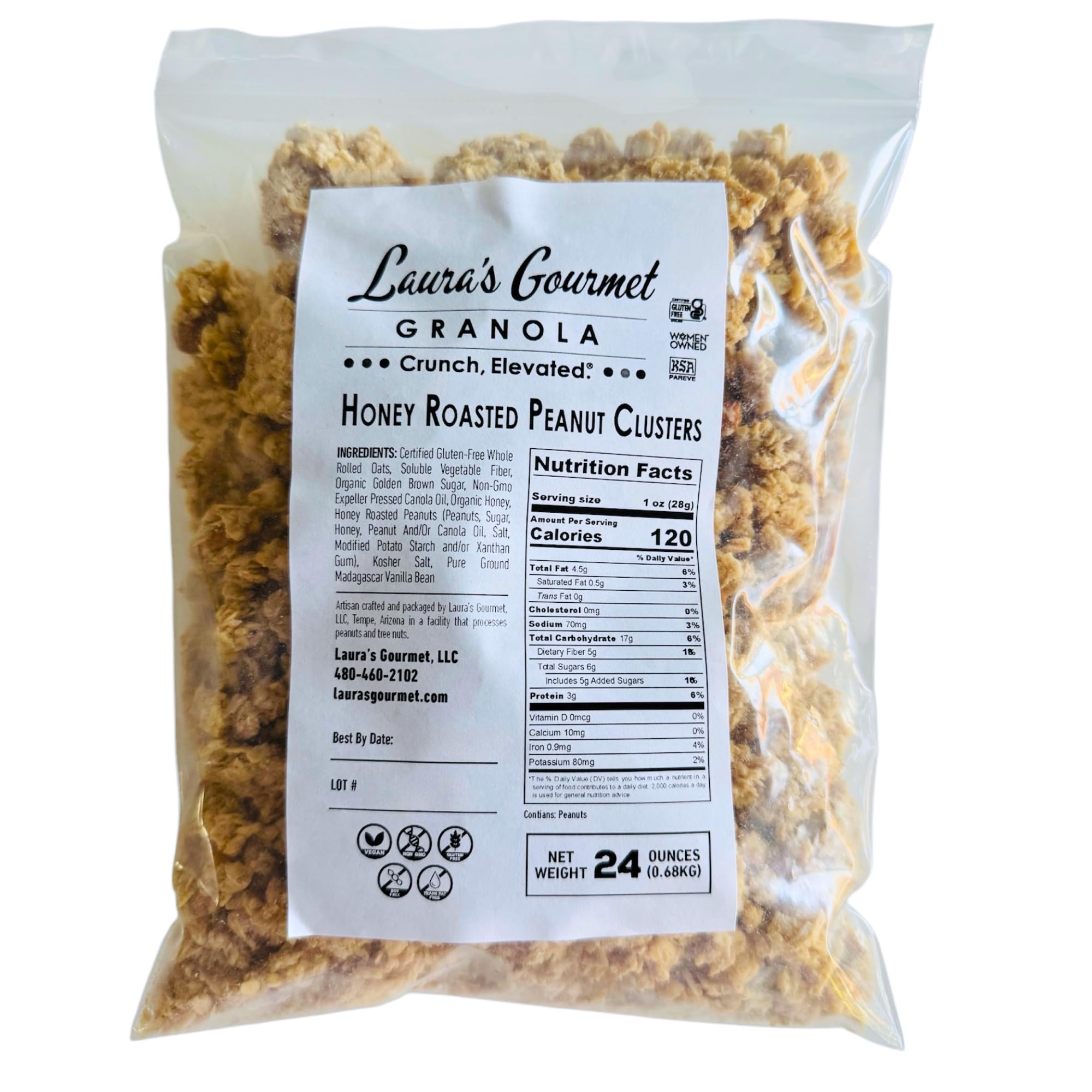 Laura’s Gourmet Granola Clusters, Honey Roasted Peanut, 24 oz Bag - Organic, Vegan, Non-GMO, Gluten-Free, Sweet & Salty Snack, Whole Oats On-the-Go