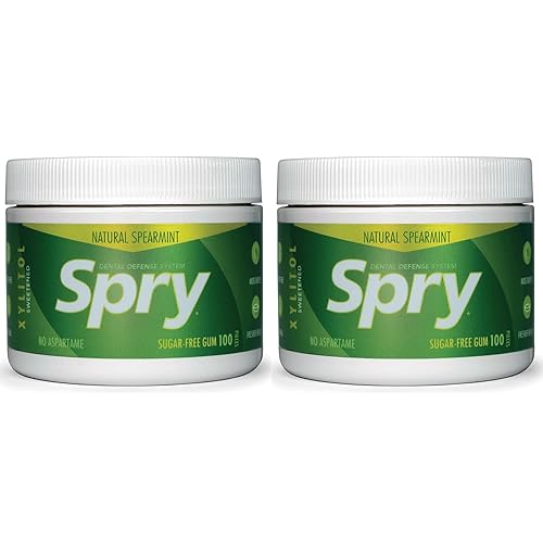 Spry Fresh Natural Xylitol Chewing Gum Dental Defense System - Aspartame-Free, Sugar-Free, Non-GMO, Gluten-Free (Spearmint, 100 Count - Pack of 2)