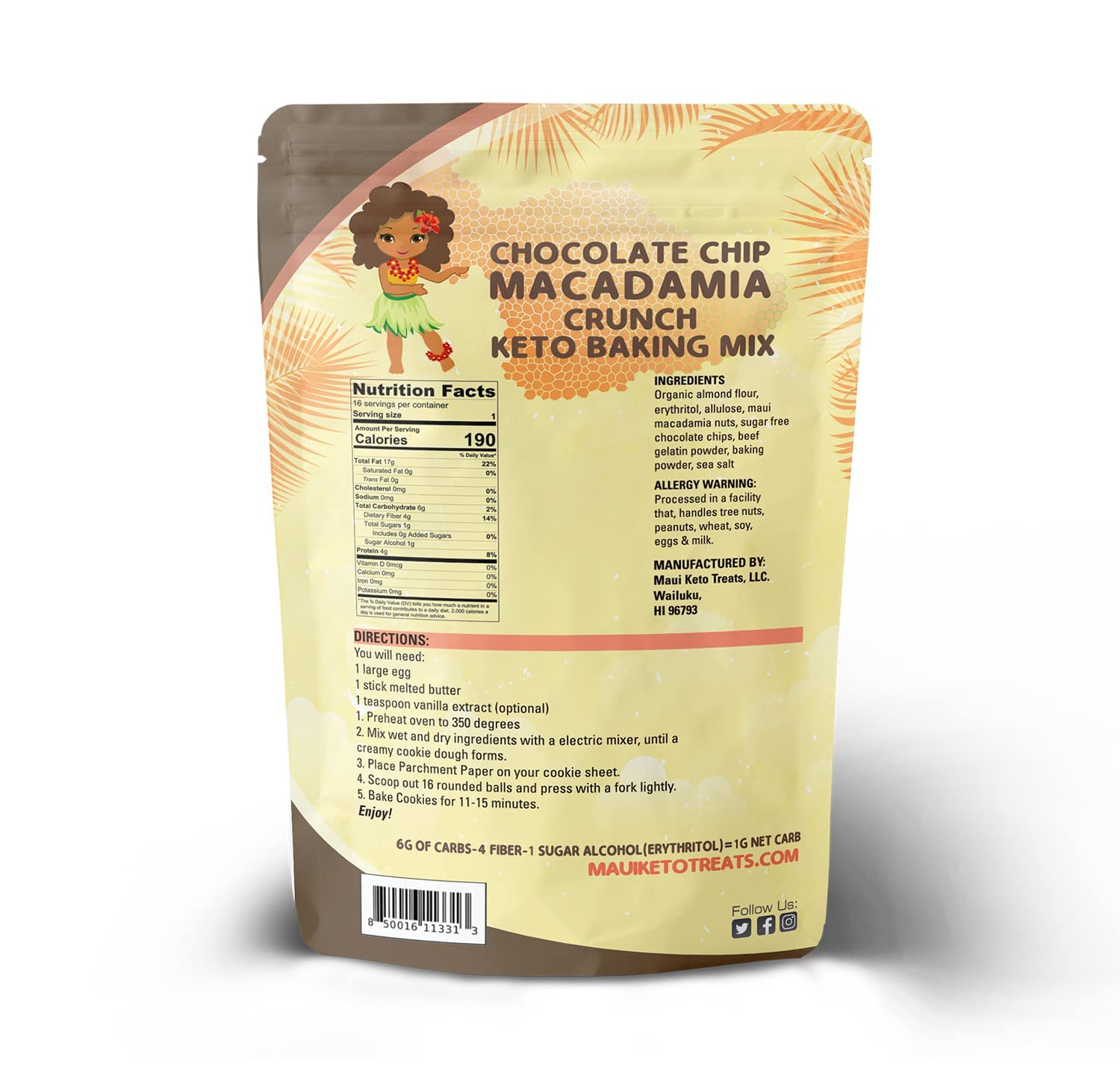 Maui Keto Treats Chocolate Chip Macadamia Crunch Bar Cookie Mix - Gluten Free Low Carb Made with Organic Almond Flour- 12 Ounce (Chocolate Chip Macadamia Crunch Bar Cookie Mix)