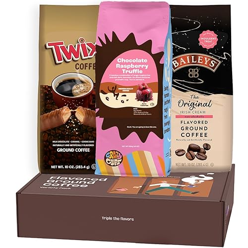 Perfect Samplers Flavored Ground Coffee Gift Box Variety Pack, Twix, Baileys Original, Chocolate Raspberry Coffee, Medium Roast Ground Coffee Sampler