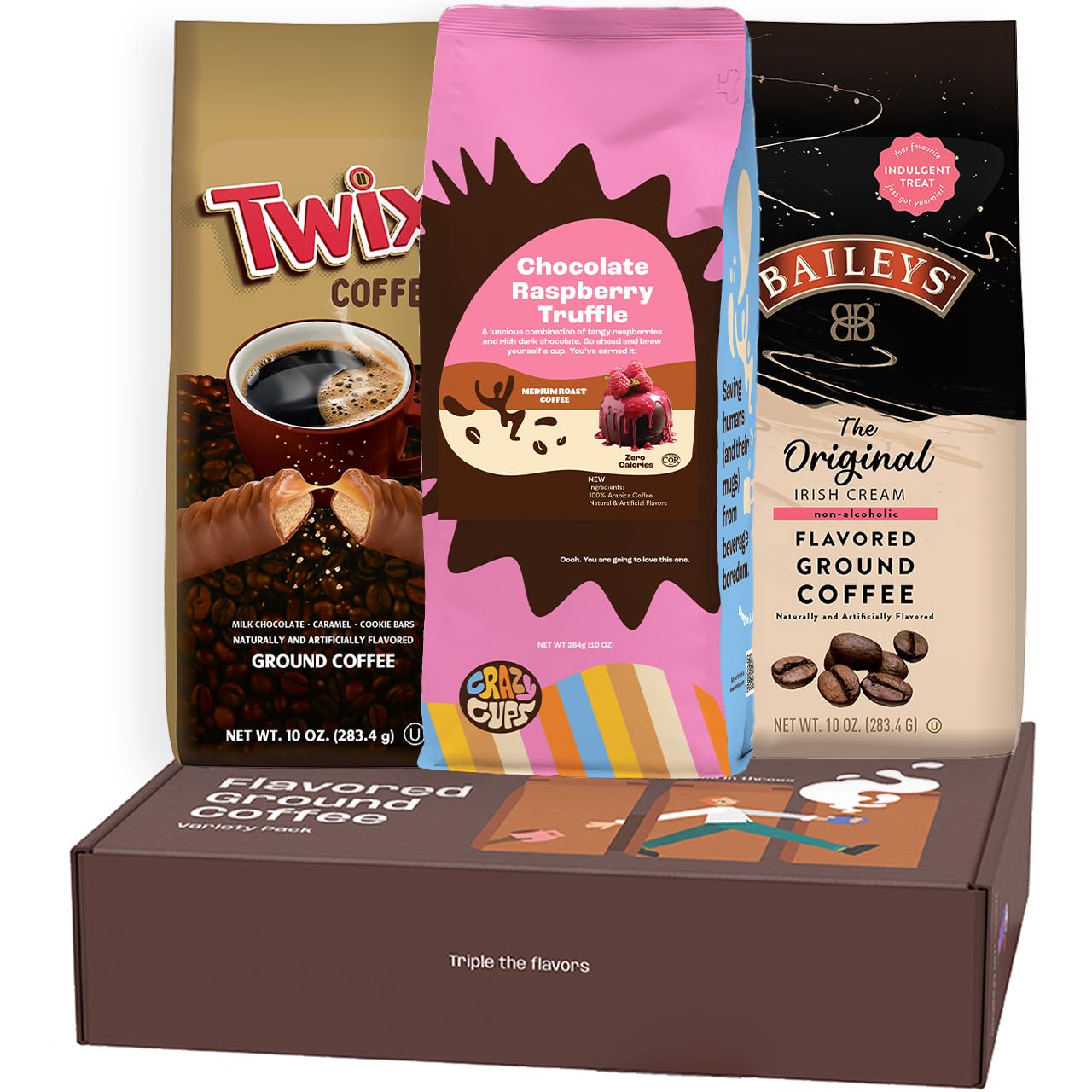 Perfect Samplers Flavored Ground Coffee Gift Box Variety Pack, Twix, Baileys Original, Chocolate Raspberry Coffee, Medium Roast Ground Coffee Sampler