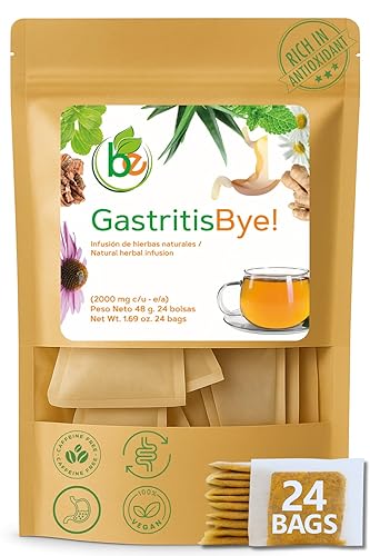 Gastritis-BYE Herbal Tea - Herbal Infusion for Digestive Comfort - 24 Tea Bags - Ginger, Chamomile, Boldo, Aloe Vera, Mint, Arnica & Cuachalalate