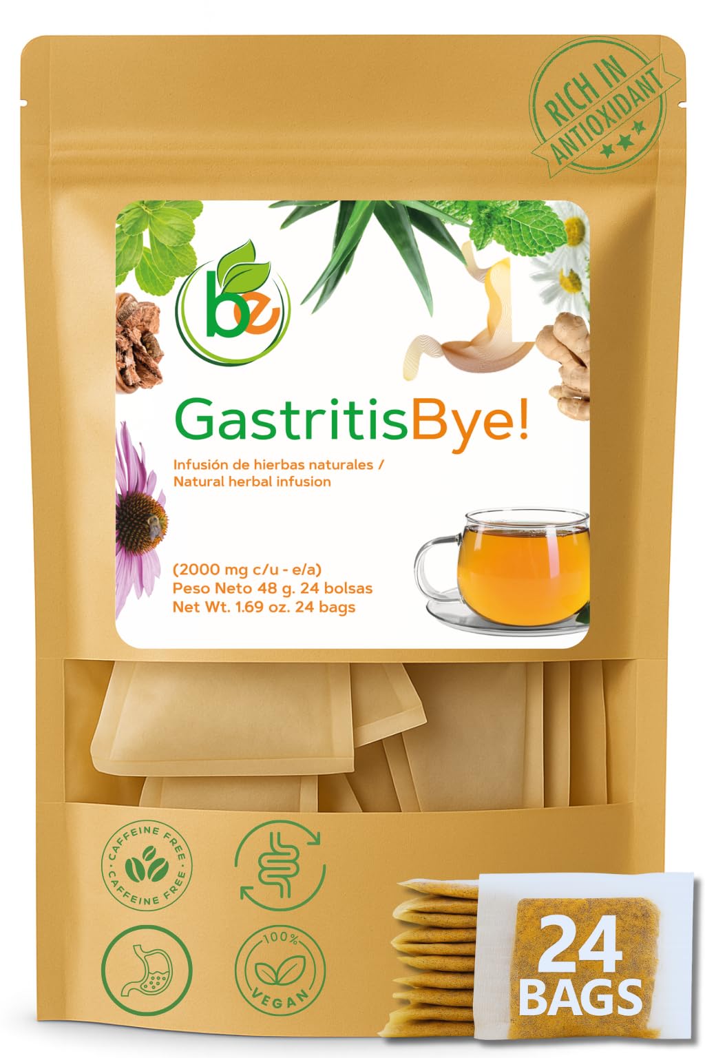 Gastritis-BYE Herbal Tea - Herbal Infusion for Digestive Comfort - 24 Tea Bags - Ginger, Chamomile, Boldo, Aloe Vera, Mint, Arnica & Cuachalalate