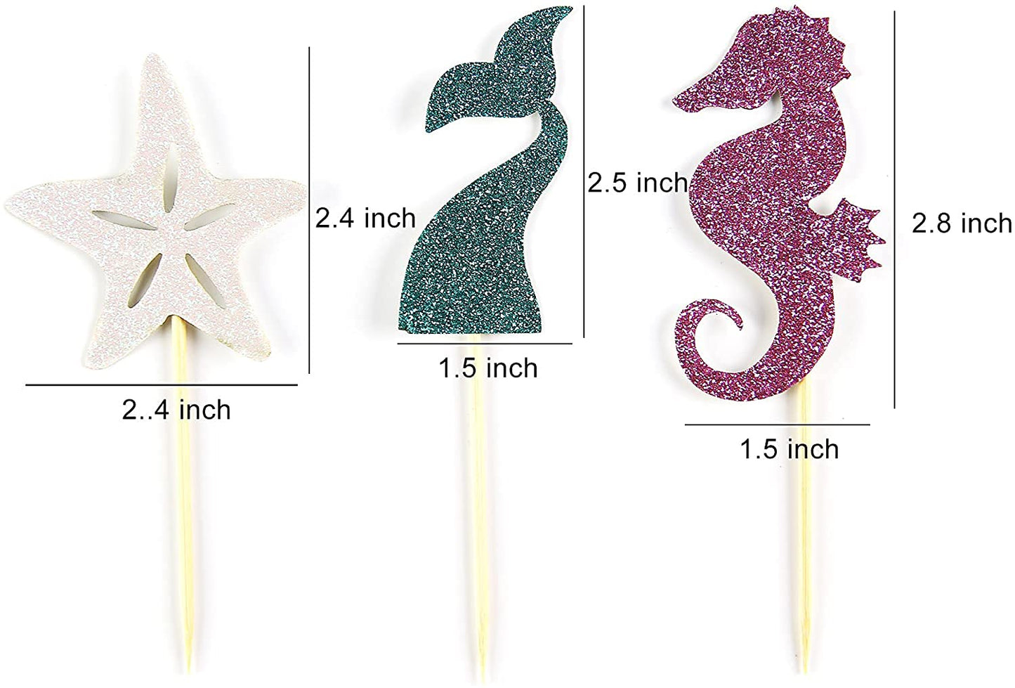 24 Pieces Mermaid Theme Glitter Cupcake Topper Cake Picks Decoration for Birthday Party Favors, Mermaid Tail, Seahorse and Starfish Food Picks
