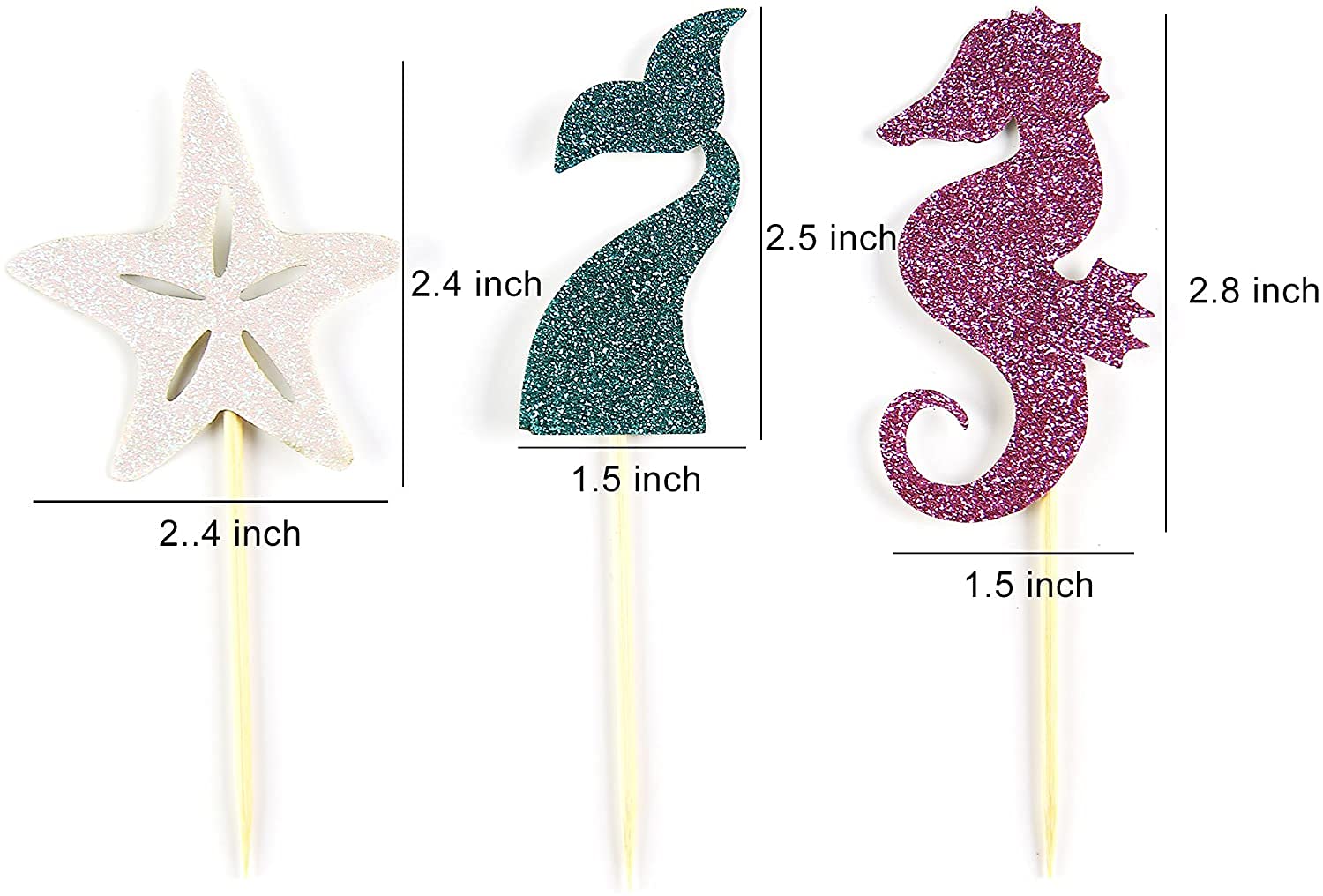 24 Pieces Mermaid Theme Glitter Cupcake Topper Cake Picks Decoration for Birthday Party Favors, Mermaid Tail, Seahorse and Starfish Food Picks
