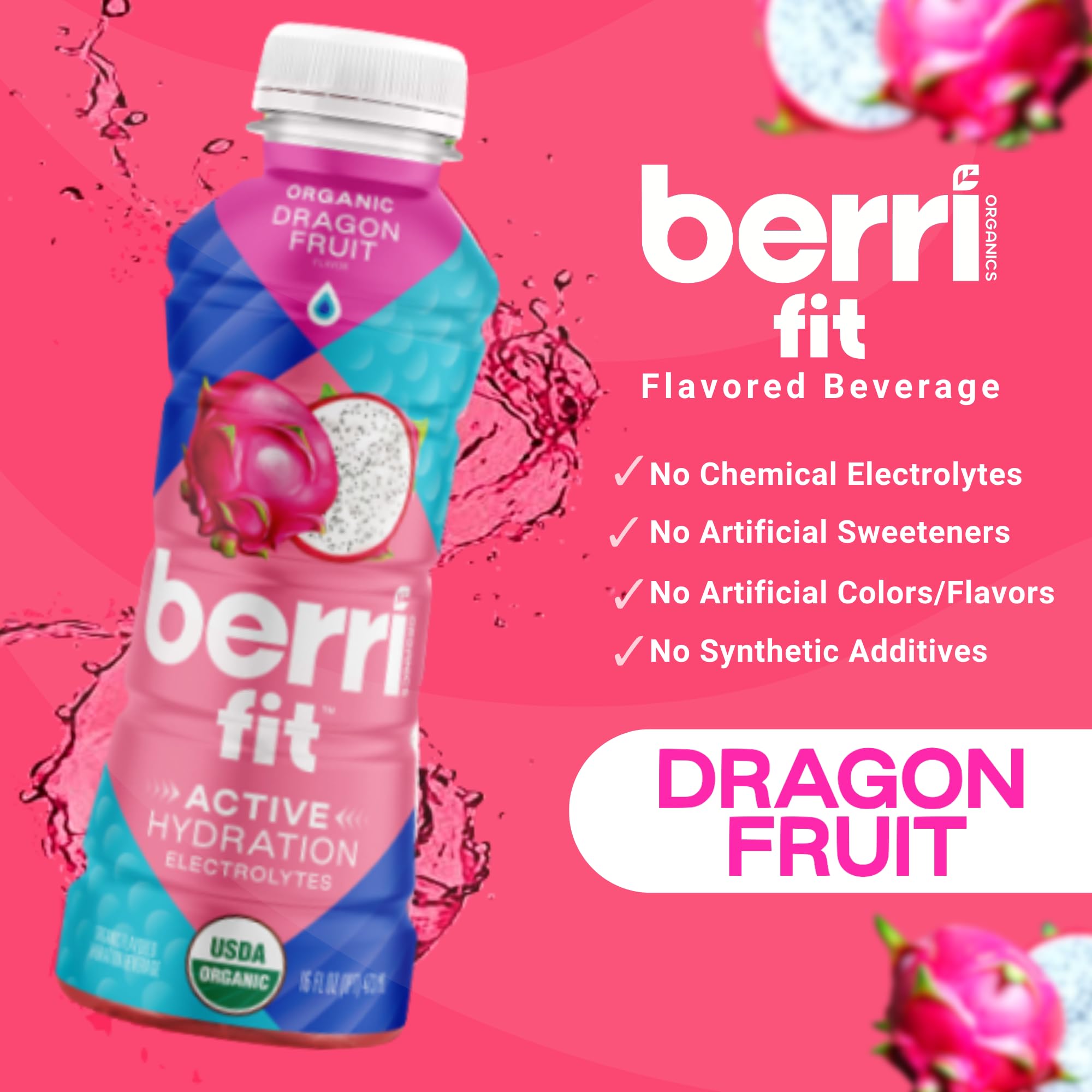 Berri Fit Hydration - Organic Dragon Fruit Flavor Natural Sports Drink - Plant-Based Electrolyte Beverage - Low Calorie, Paleo Coconut Water Solution