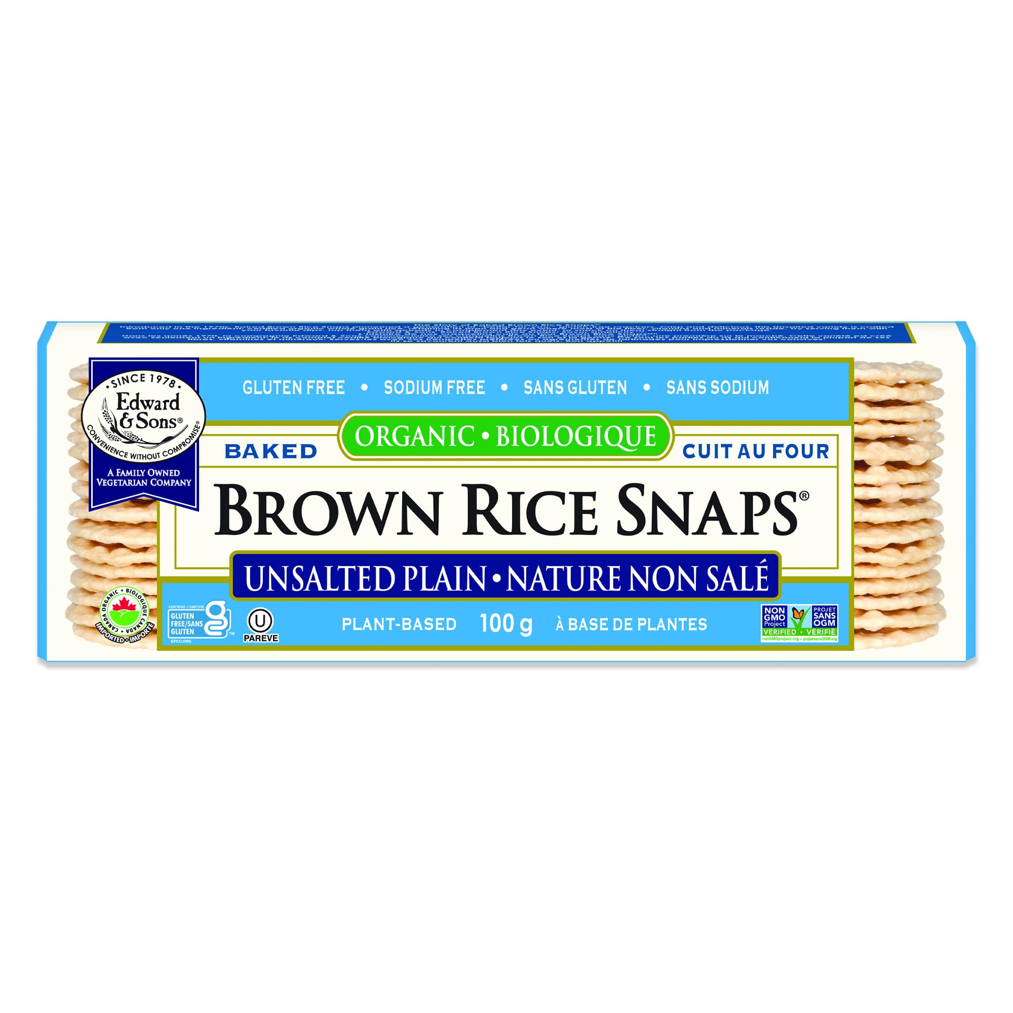Edward & Sons Organic Unsalted Plain Brown Rice Snaps - Oven Baked, Whole Grain, Gluten Free, No Added Oils, Non-GMO Project Verified, USDA Organic
