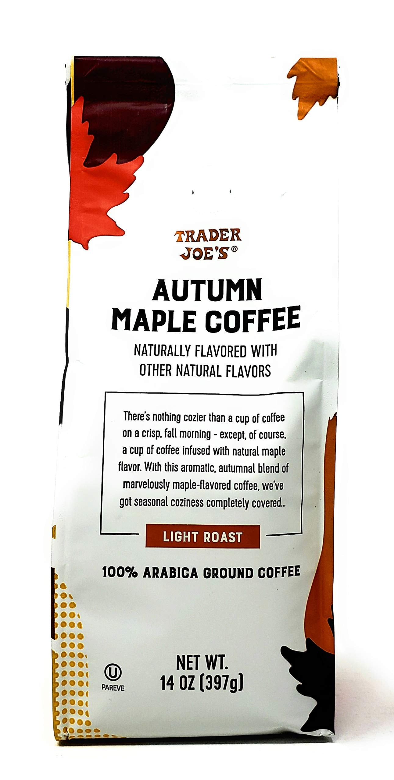 Trader Joes Autumn Maple Ground Coffee - Pack of 2 Bags - 14 oz Per Bag - Seasonal Flavor - 100%% Arabica Ground Coffee - Light Roast
