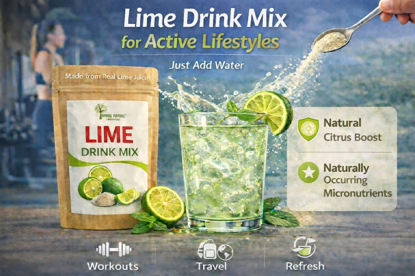 Indus Farms Lime Juice Powder Drink Mix, Unsweetened, Made from Fresh Limes (No Peel), Smooth Mixing, No Preservatives, For Drinks, Cooking, Baking