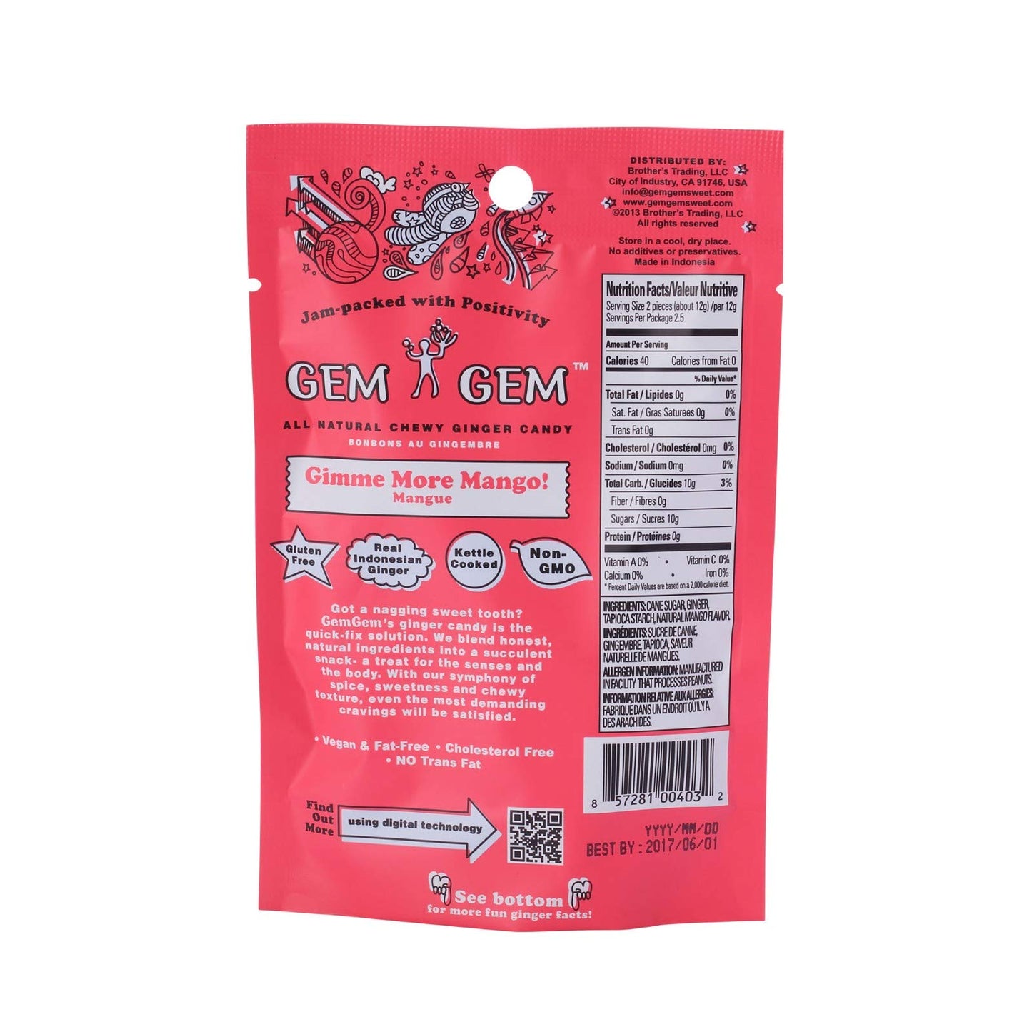 Gem Gem Ginger Candy Chewy Ginger Chews (Mango, 5.0 oz, Pack of 3)