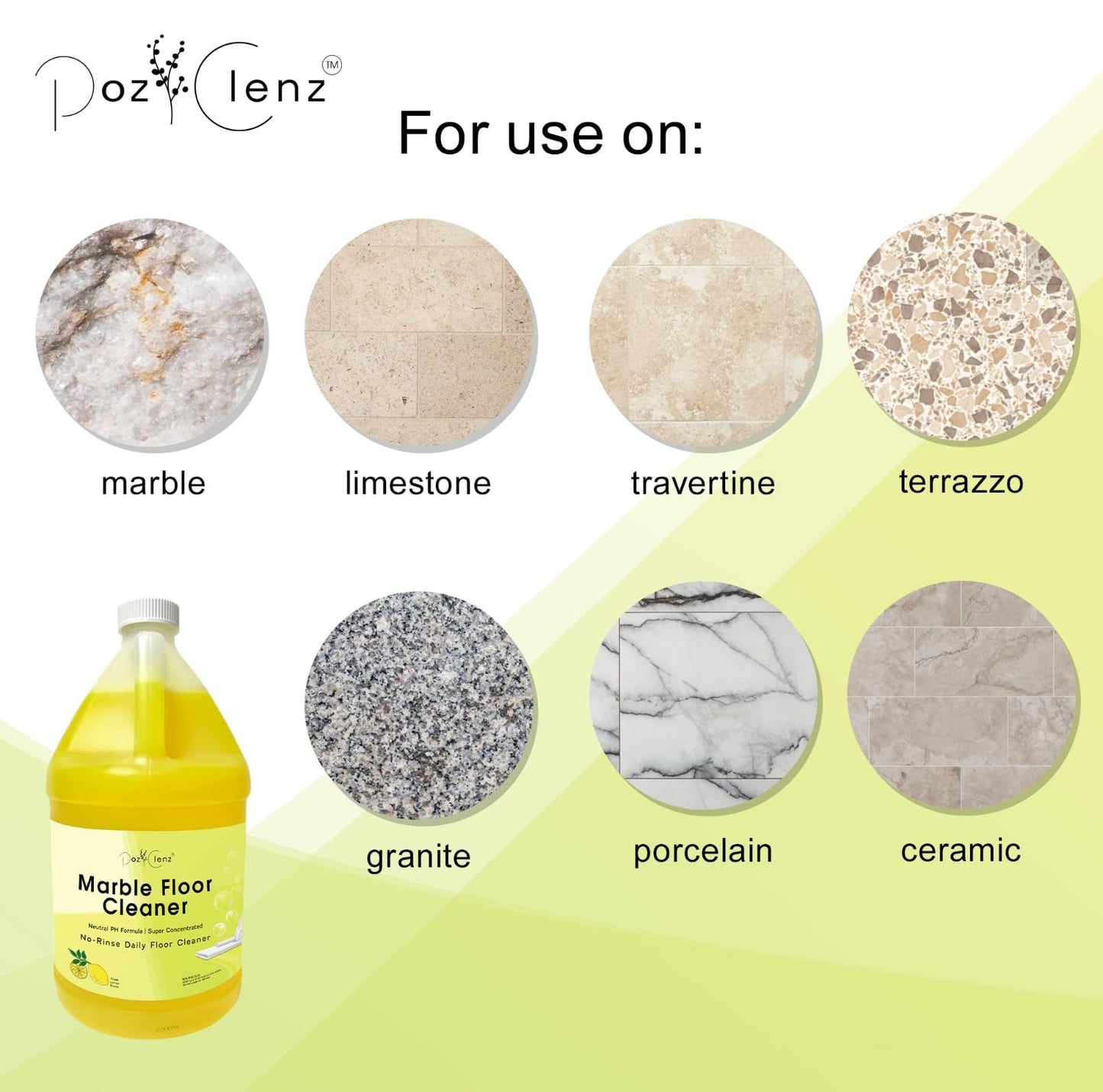 Poz Clenz Marble & Stone Floor Cleaner | Concentrated Daily Formula (1 Gallon) | pH Neutral, Streak-Free | Safe for Marble, Travertine, Limestone