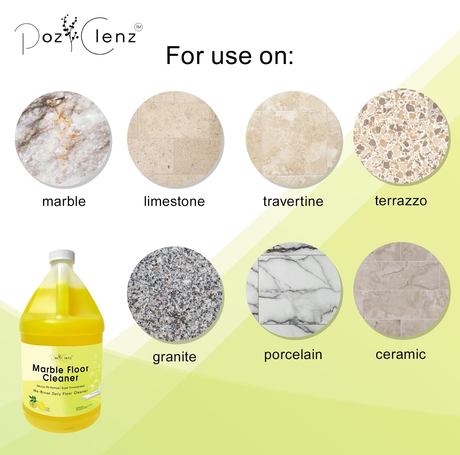 Poz Clenz Marble & Stone Floor Cleaner | Concentrated Daily Formula (1 Gallon) | pH Neutral, Streak-Free | Safe for Marble, Travertine, Limestone