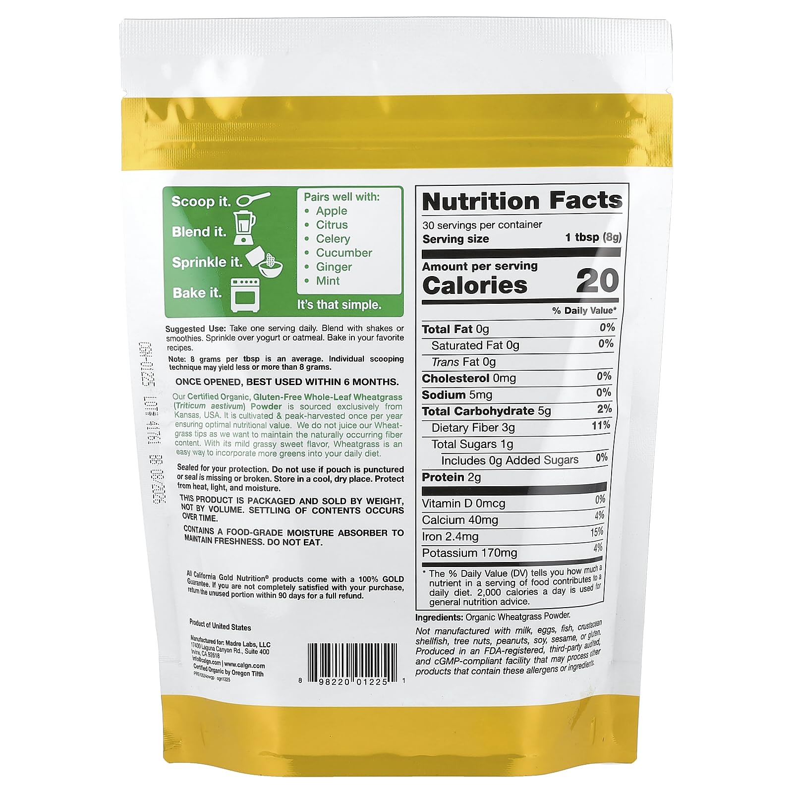 Organic Wheat Grass Powder, Sourced from USA, USDA Certified Organic, 8.5 oz (240 g)