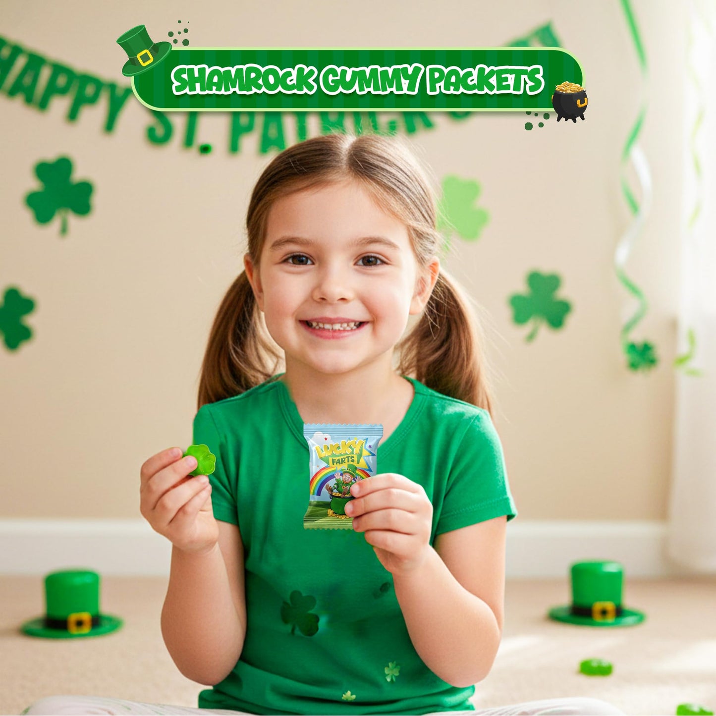 4E's Novelty 30 Packs St. Patricks Day Lucky Farts Shamrock Gummies - 30 Individually Wrapped Bags (5 Pieces Each) Green Gummy Funny St Patricks Day