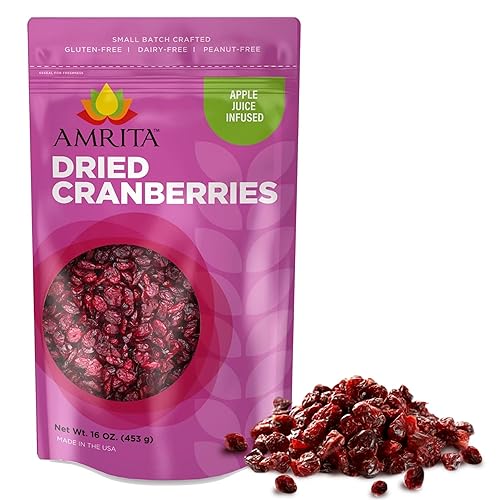 Amrita Dried Cranberries 1 lb | Sweetened with Apple Juice, Unsulfured, Gluten Free, non-GMO, No Preservatives | Packed Fresh in Resealable Bags |