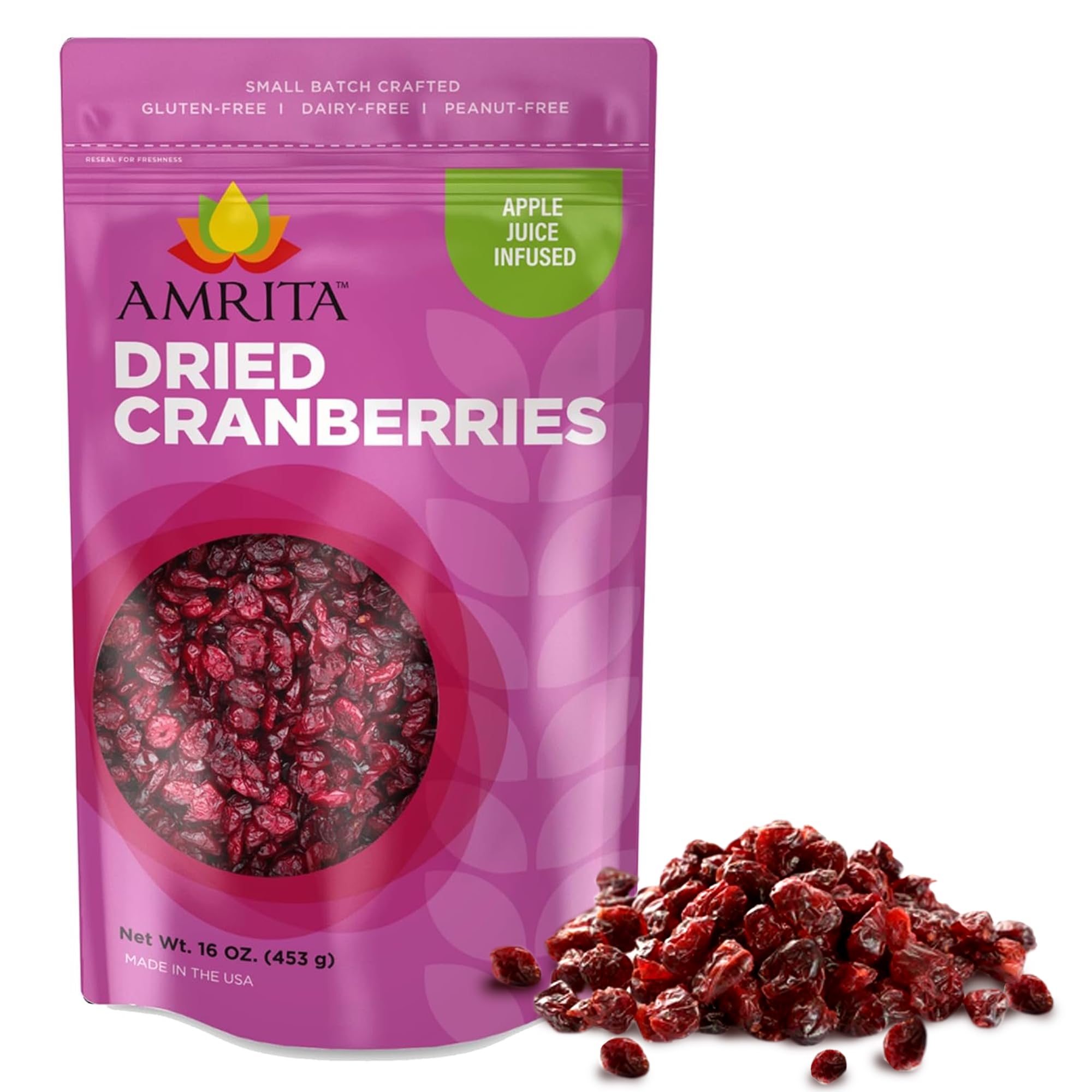 Amrita Dried Cranberries 1 lb | Sweetened with Apple Juice, Unsulfured, Gluten Free, non-GMO, No Preservatives | Packed Fresh in Resealable Bags |