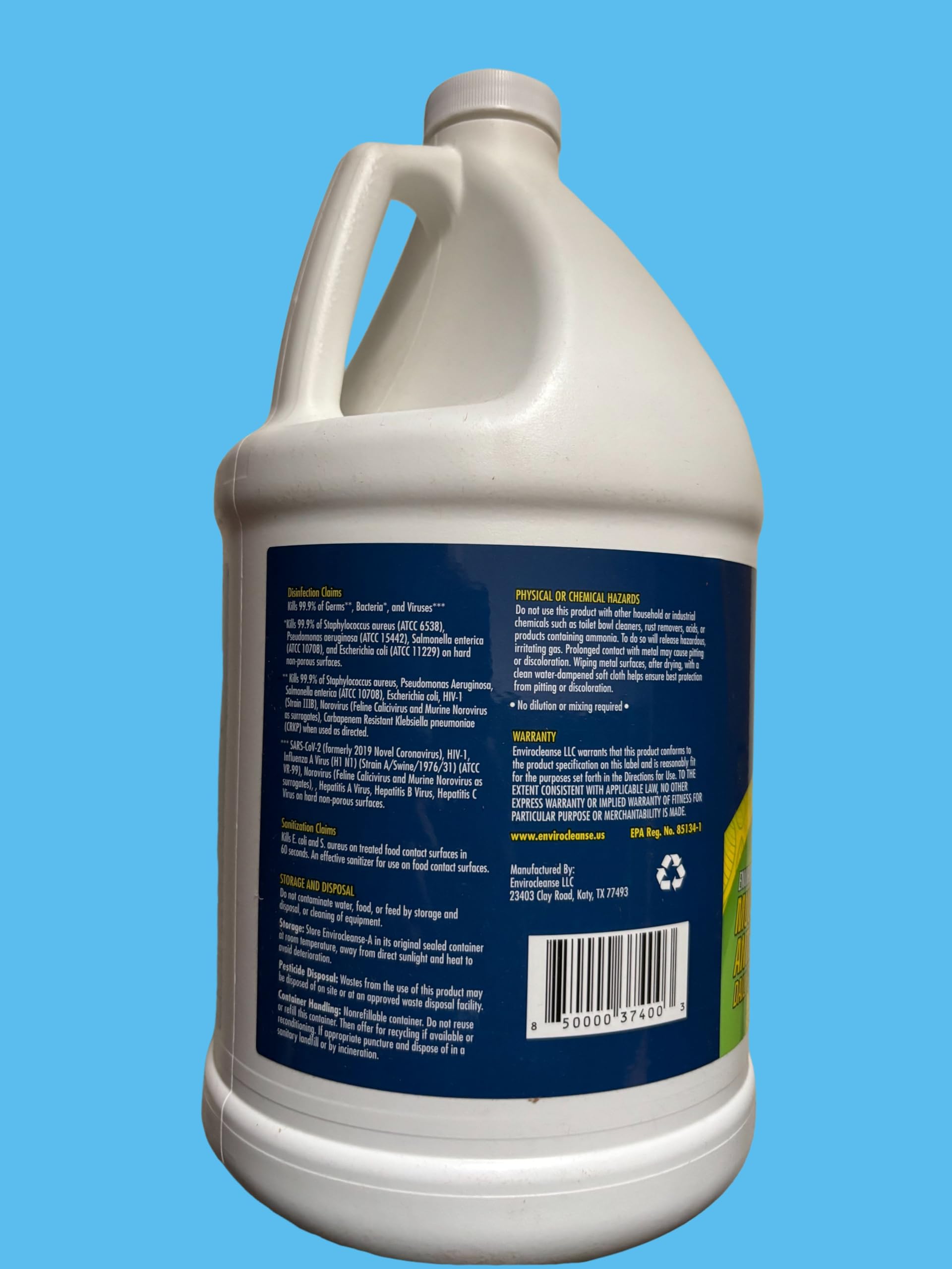 ENVIROCLEANSE-A Liquid Disinfectant Box of 4x1 Gallon Bottle Hypochlorous Acid Formula Contains No Bleach or Harsh Chemicals Home, Office, Doctors