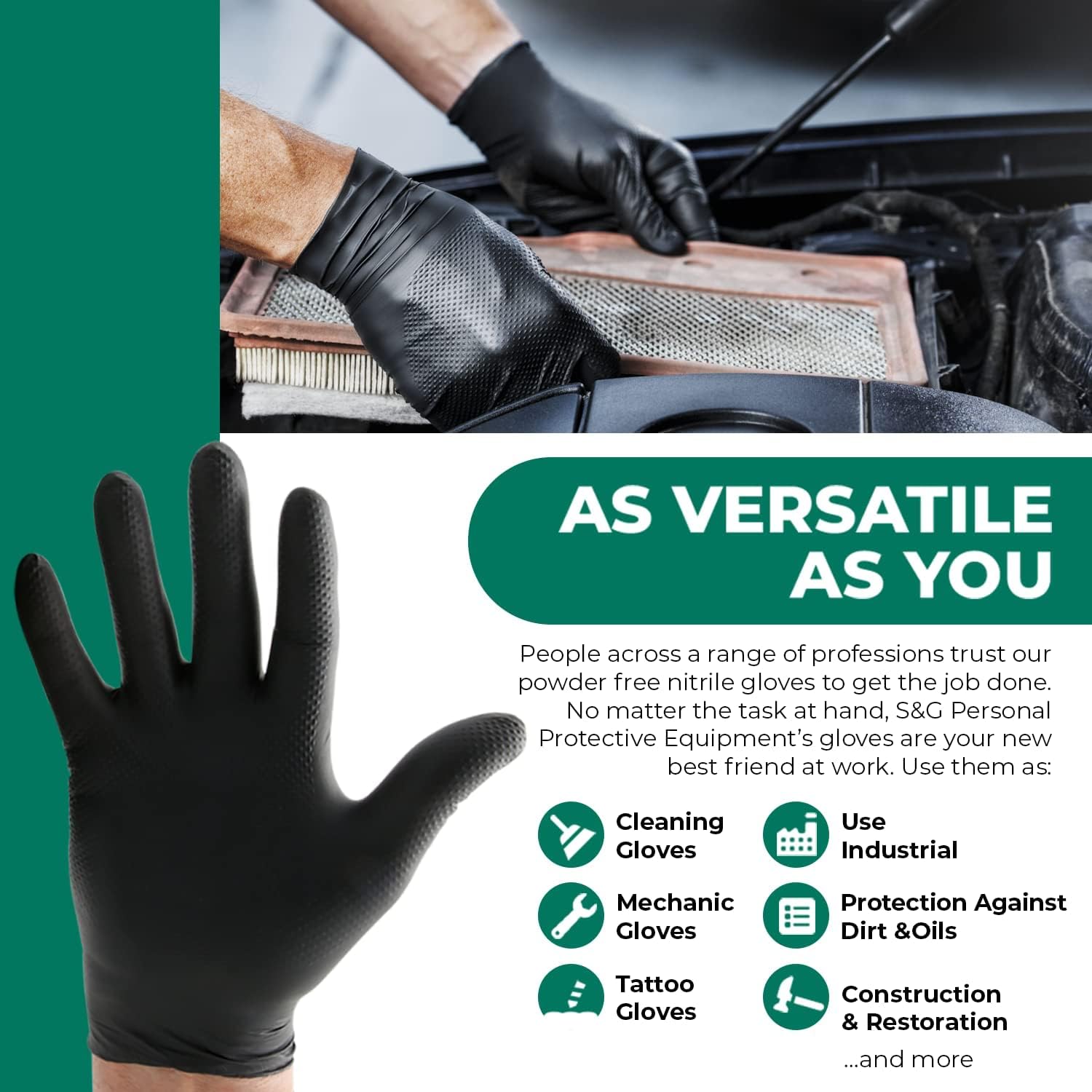 S&G Black Nitrile Gloves | 100 Pcs | Large | 6 Mil Heavy-Duty Latex & Powder Free - For Cleaning, Construction, Mechanic, Food Prep