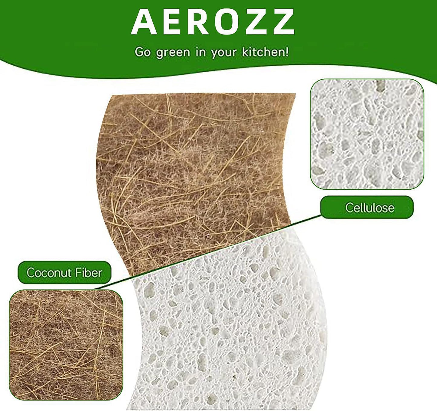 AEROZZ 10 Pack Biodegradable Natural Sponges Kitchen - Compostable Cellulose and Coconut Walnut Scrubber Sponge - Non Scratch Eco Friendly Quick