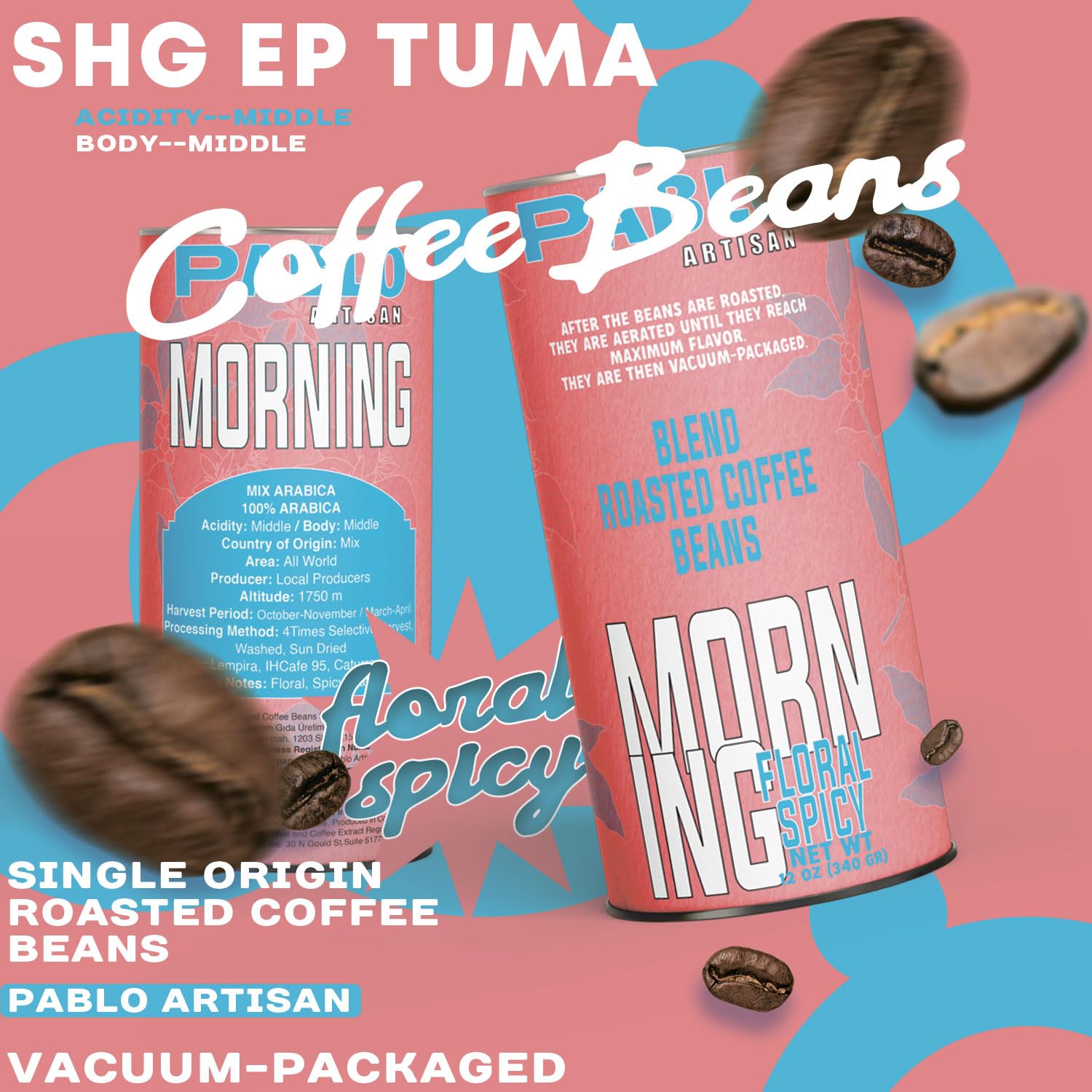 Pablo Artisan Morning Blend Coffee Beans - Medium Roast Whole Bean Coffee, 100% Arabica Espresso Blend, Smooth & Balanced Flavor with Floral & Spicy