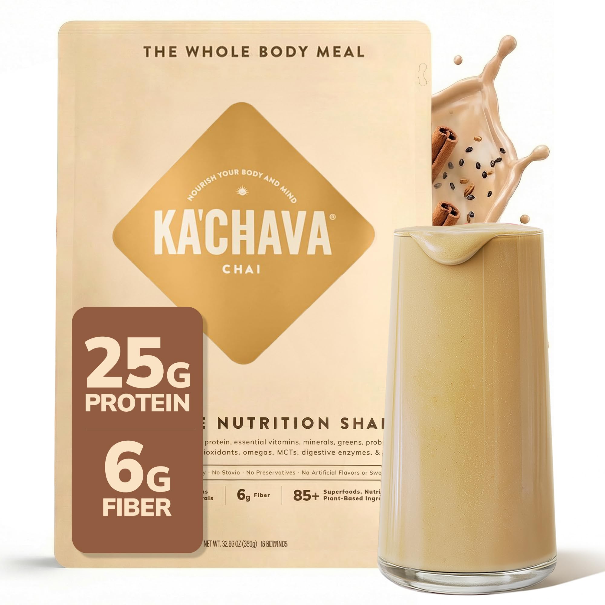 Ka’Chava Whole Body Meal Shake Chai 2 lb - Vegan Protein Powder with 85+ Superfoods & Greens - Plant-Based Meal Replacement with Probiotics