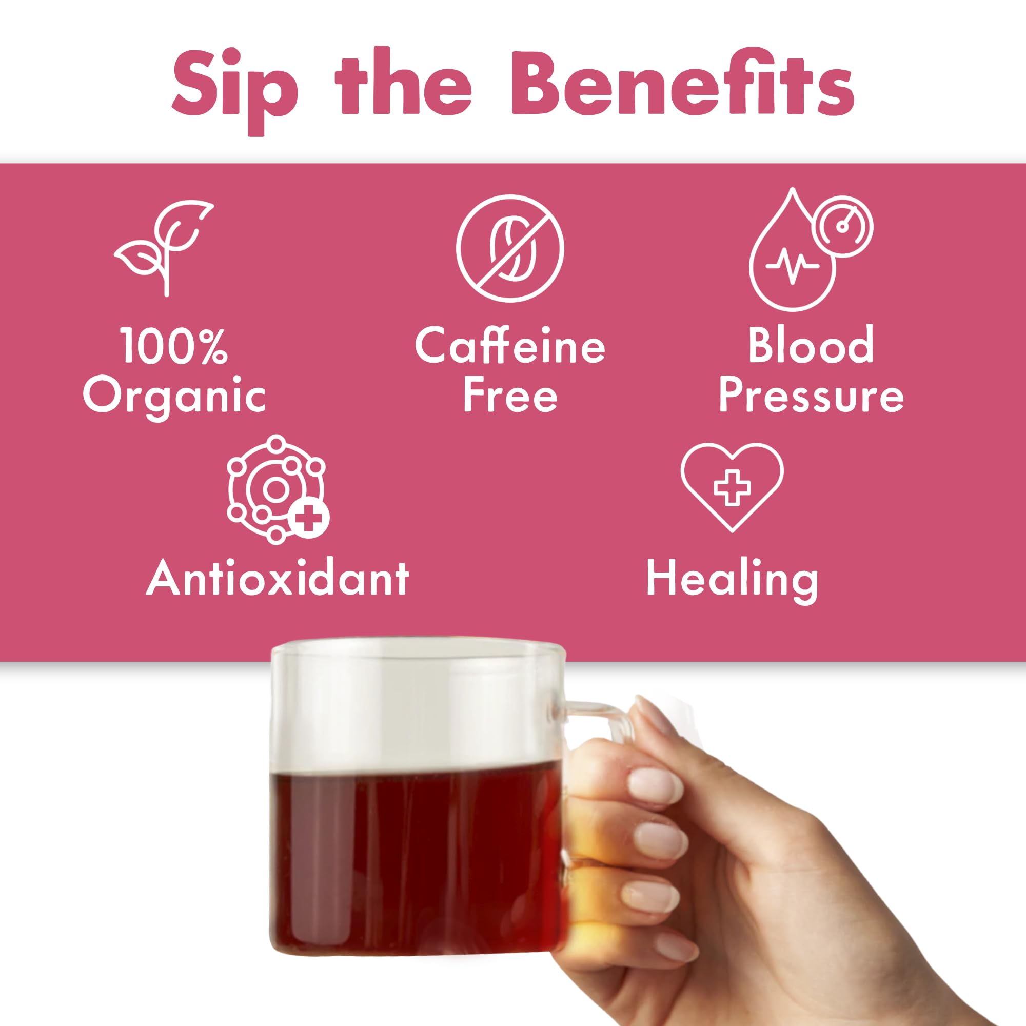 Big Heart Tea Co. Tea Bags - Blushing Pink Hibiscus - Certified Organic, Naturally Sweet Ayurvedic Herbal Decaf Tea with Small Batch Ground Herbs