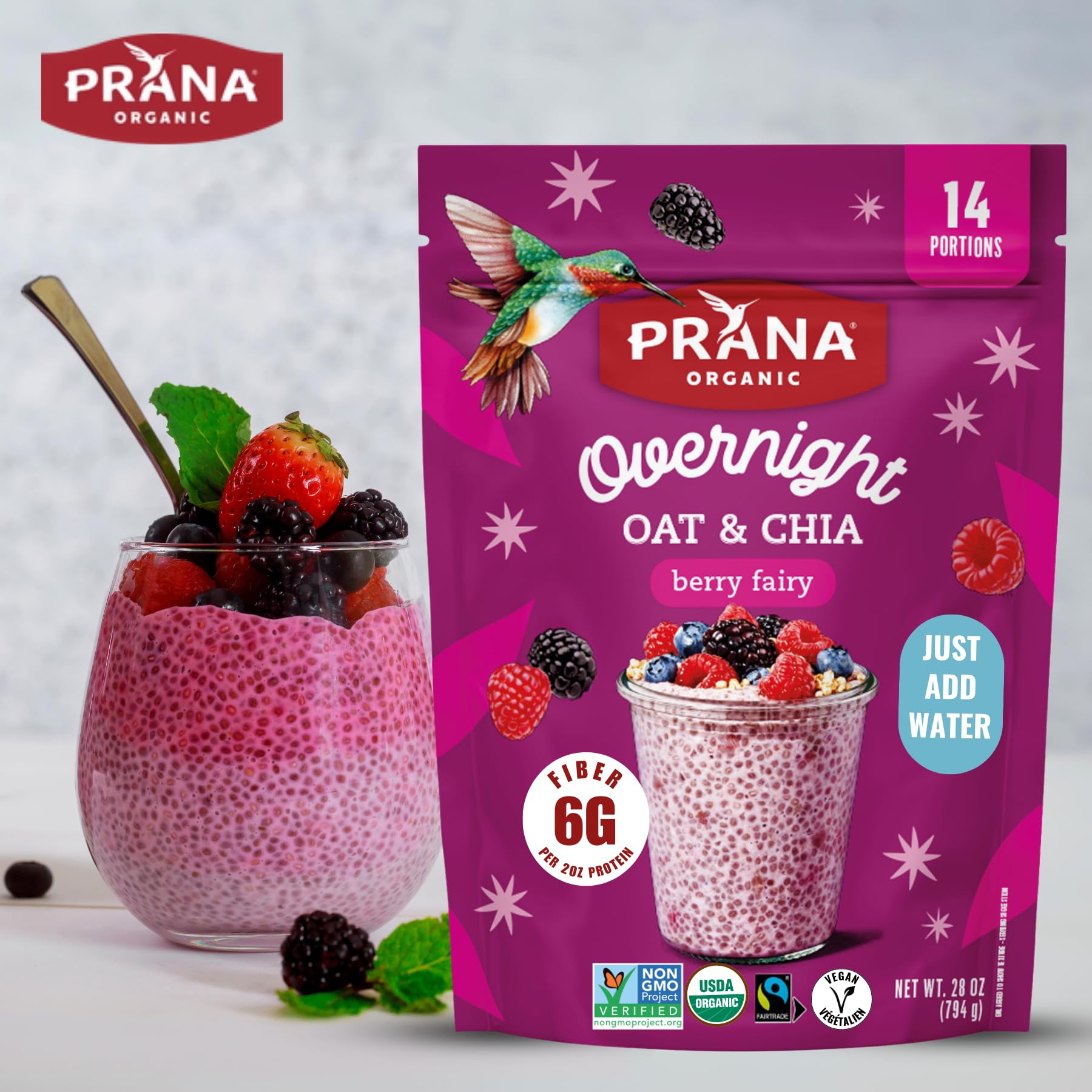 Prana Organic Overnight Chia with Oats Berry Fairy | Rich in Fiber & Protein, Vegan, Non-GMO | Ready to Eat Breakfast - 28 oz Bags - 1 Pack