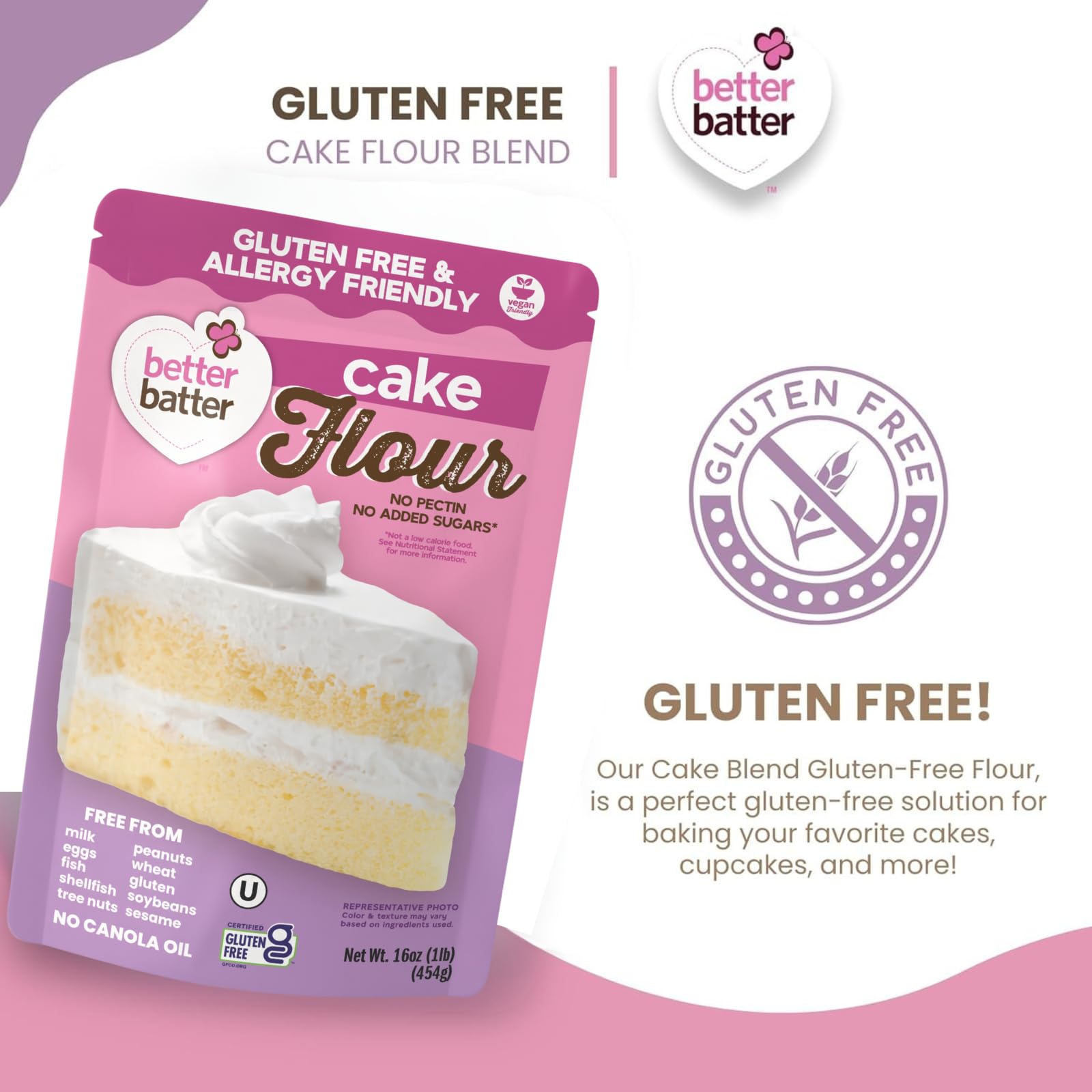 Better Batter Gluten-Free Cake Flour 1LB - Certified GF, Top 9 Allergen-Free, Vegan & Kosher Baking Mix - Premium Blend for Cakes, Quick Breads, Pancakes & Waffles - Smooth Texture, Rich Flavor, Safe for All Diets