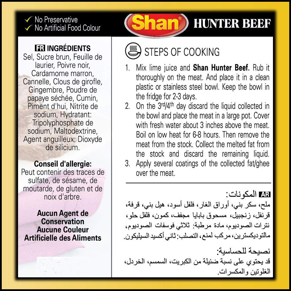Shan Hunter Beef Recipe and Seasoning Mix 5.29 oz (150g) - Spice Powder for Curing and Salting Meat - Suitable for Vegetarians - Airtight Bag in a Box