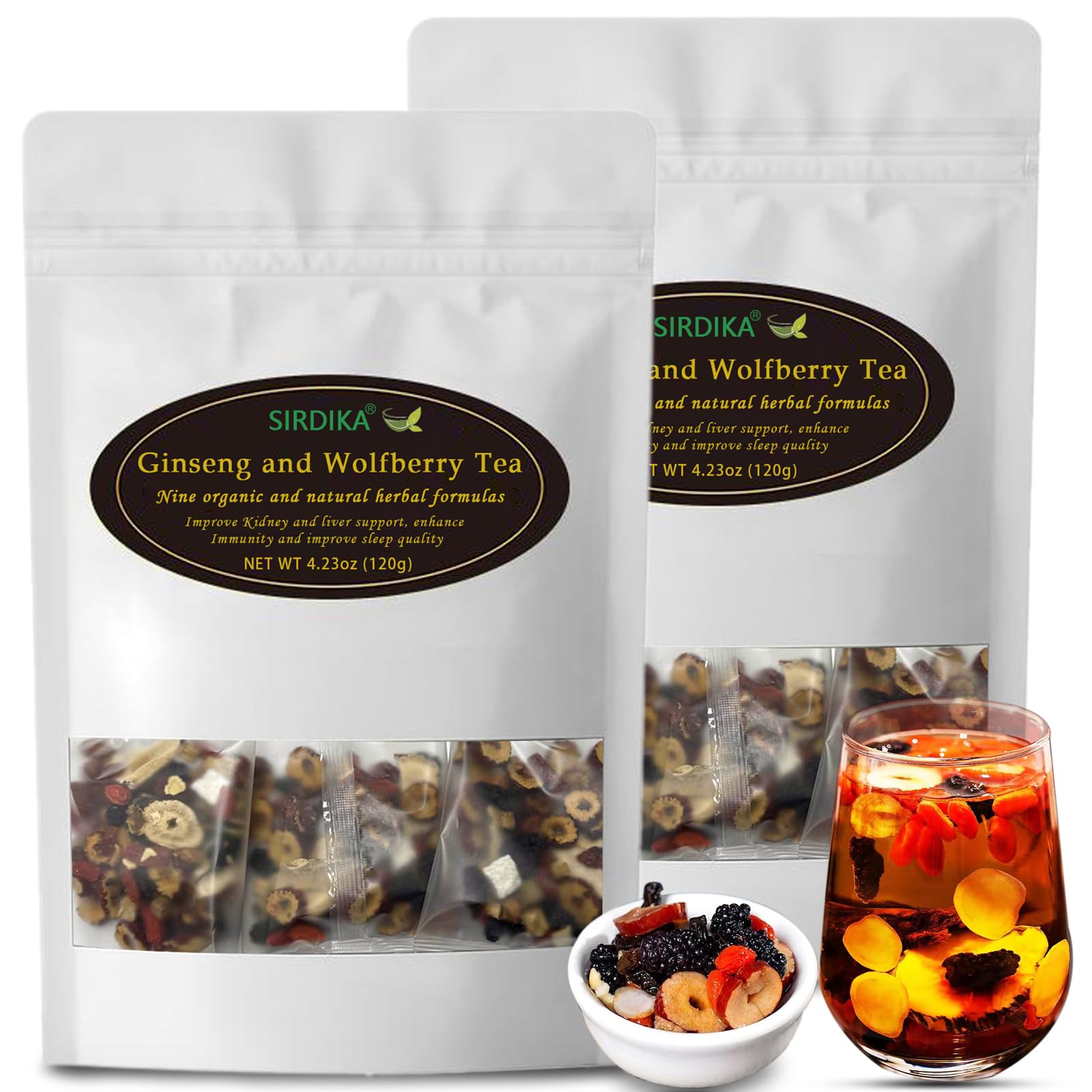 Kidney Tea - Ginseng and Wolfberry Tea, Ginseng Nine Treasure Tea, Men's Health Tea Herbal 9 Precious Ingredients Formula, Natural Organic Kidney