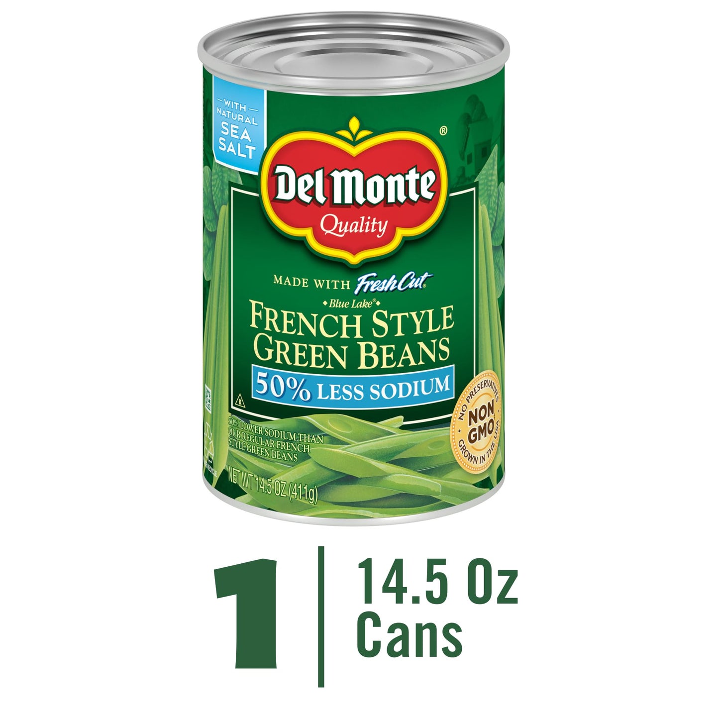 Del Monte Canned Fresh Cut French Style Green Beans with 50% Less Sodium, 14.5 Ounce