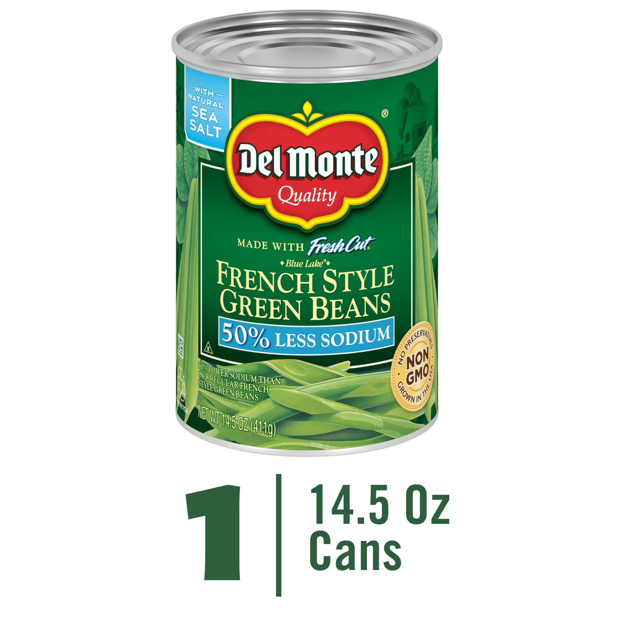 Del Monte Canned Fresh Cut French Style Green Beans with 50% Less Sodium, 14.5 Ounce