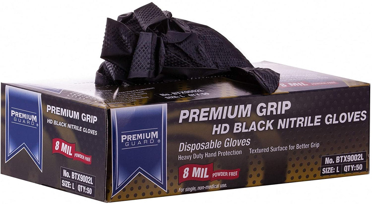 Premium Guard - Nitrile Gloves Heavy Duty 8 Mil Disposable, Powder Free, Black, 50 Gloves per Box (X-Large)