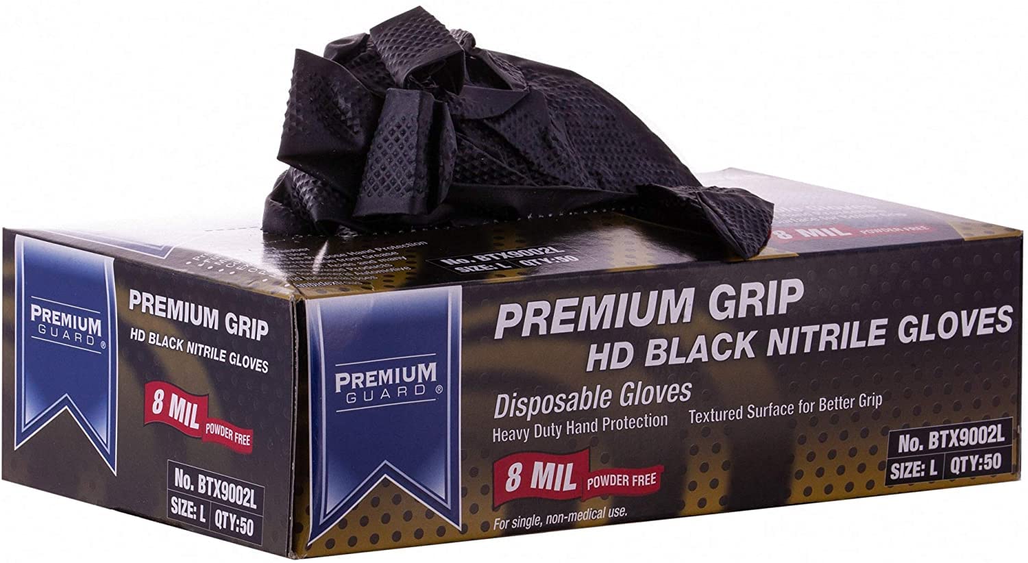 Premium Guard - Nitrile Gloves Heavy Duty 8 Mil Disposable, Powder Free, Black, 50 Gloves per Box (X-Large)