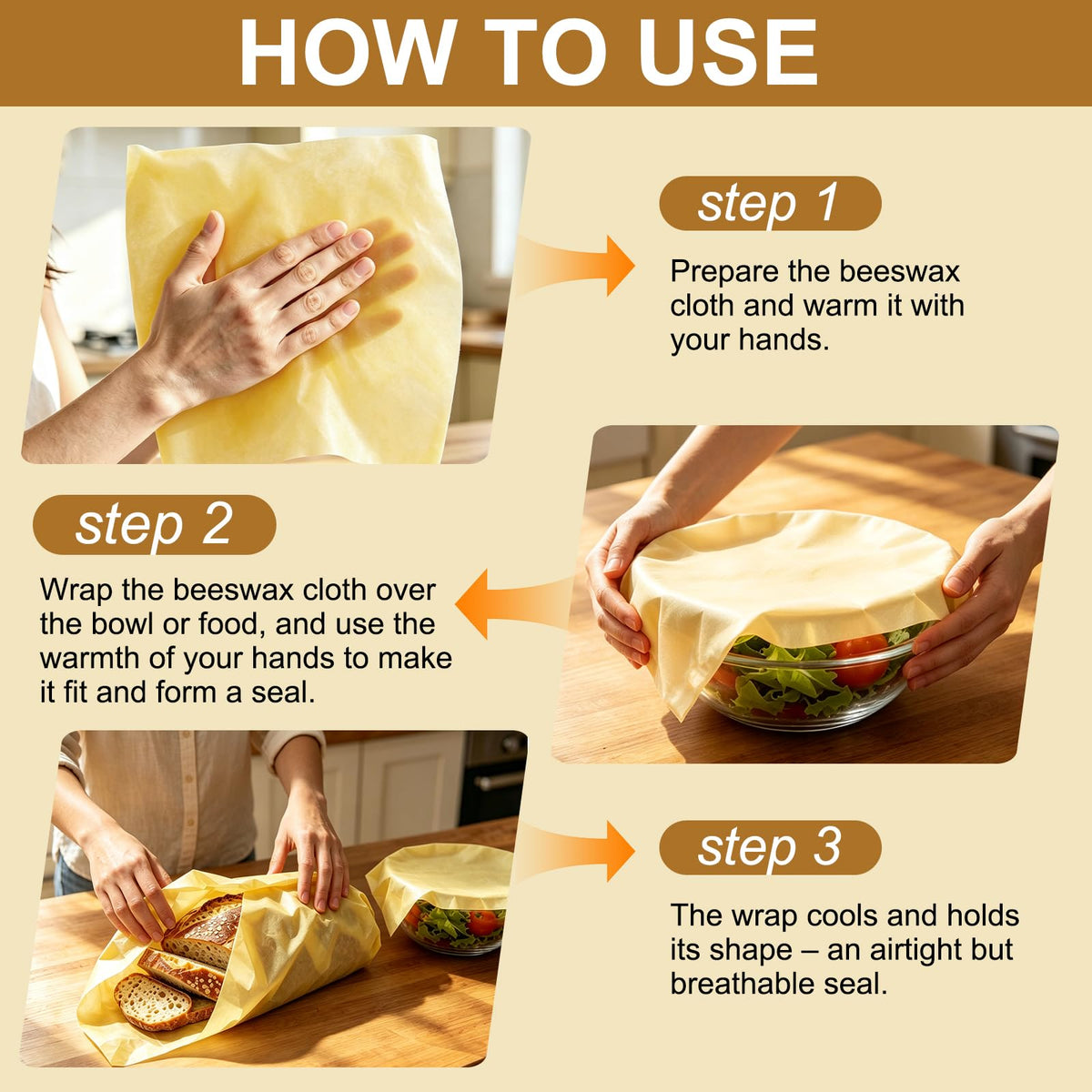 Unprinted Beeswax Wraps - Undyed, Unbleached, Reusable Food Wraps for Bread, Sandwich, Cheese & Bowls - Zero Waste Alternative to Plastic Wrap