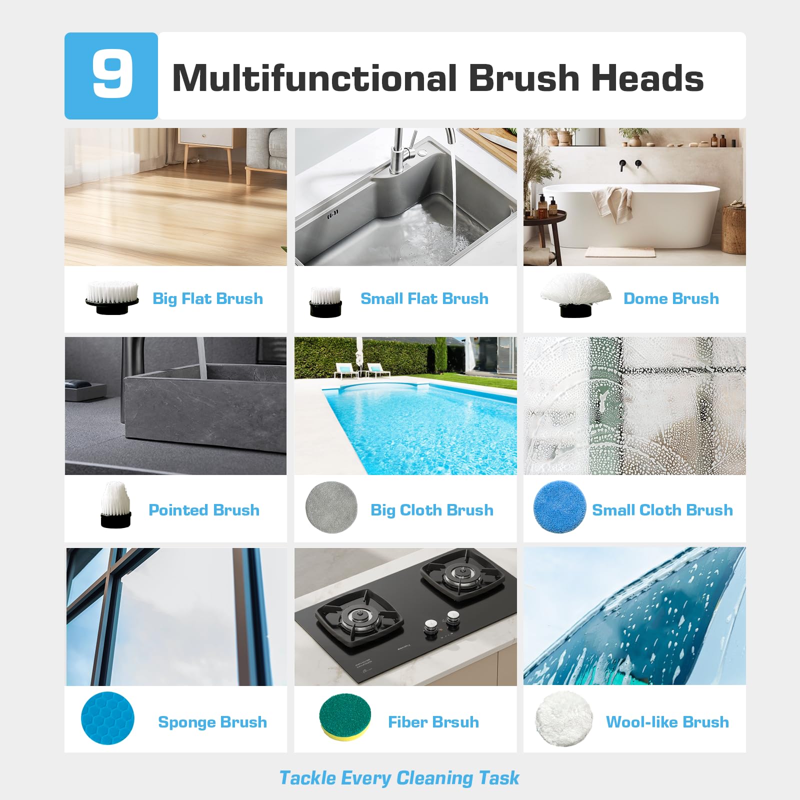 Kingwell Electric Spin Scrubber, Cordless Electric Scrubber for Cleaning with 9 Brush Heads, 2 Speeds,3 Adjustable Handle, 90Mins Work Time, Shower
