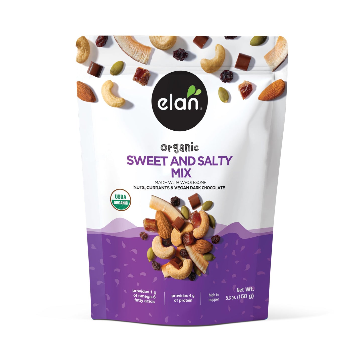 Elan Organic Sweet & Salty Mix, 5.3 oz, Non-GMO, Gluten-Free, Vegan, Kosher, Vegan Dark Chocolate, Dried Fruits (Raisins, Dates), Nuts (Roasted
