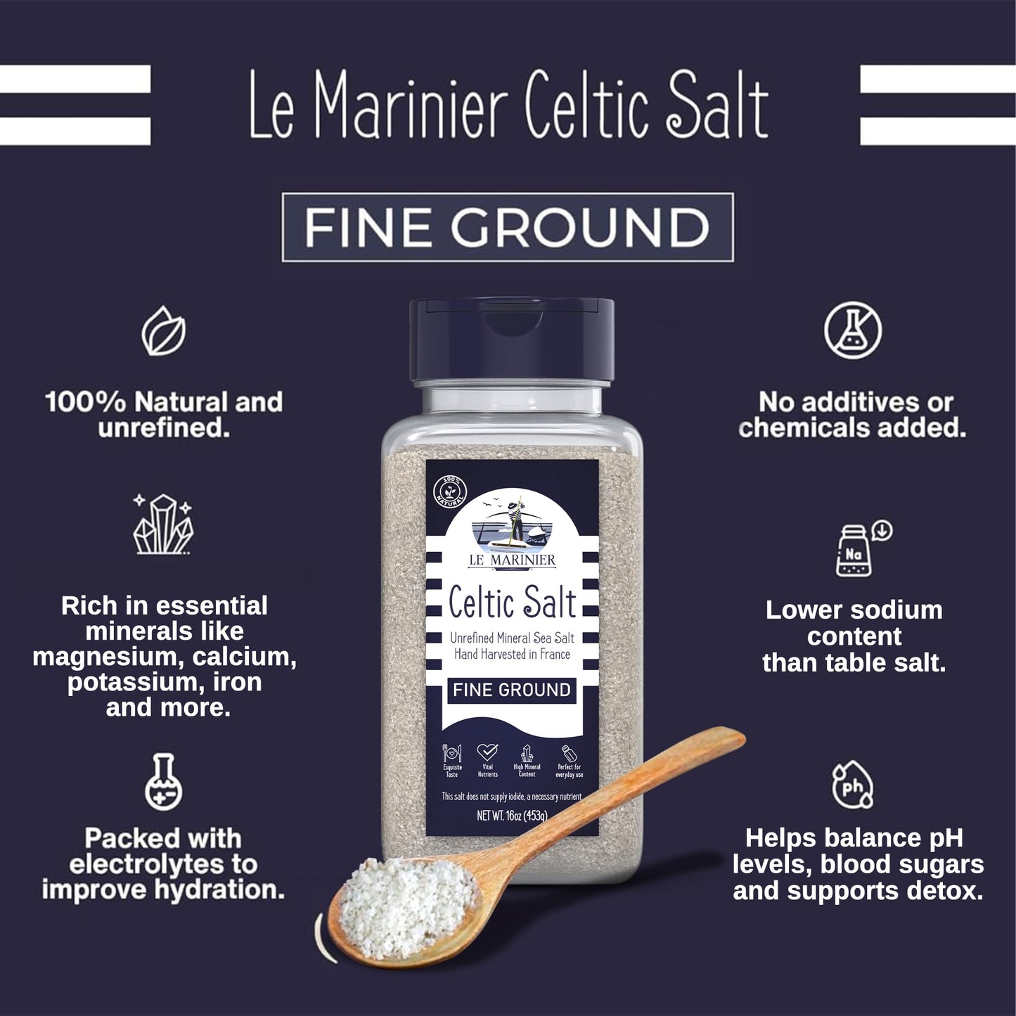 Le Marinier Celtic Salt Organic Fine Ground, 1 lb - 16oz. Mineral Rich 100% Natural and Unrefined. Refillable Salt Shaker. French Sea Salt with Vital