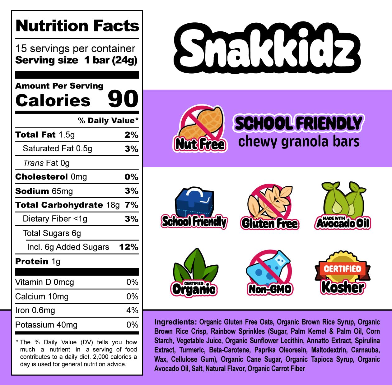 Snakkidz Organic Birthday Cake Chewy Granola Bars, 45 Count, Gluten Free Granola Bar, Nut and Allergen Free, Low Sugar, Made with Avocado Oil
